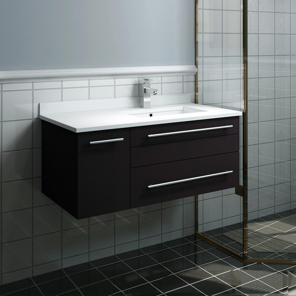 Fresca Lucera 36" Espresso Wall Hung Modern Bathroom Cabinet w/ Top & Undermount Sink - Right Version