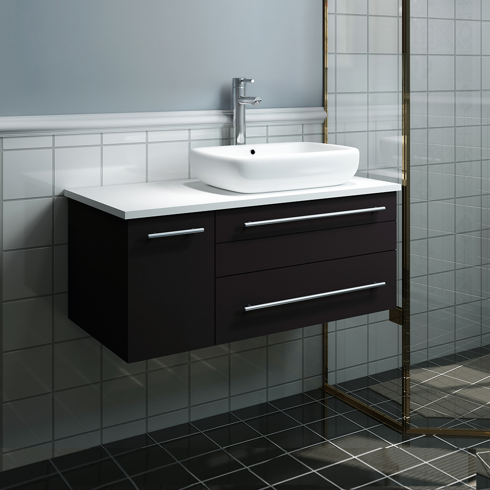 Fresca Lucera 36" Espresso Wall Hung Modern Bathroom Cabinet w/ Top & Vessel Sink - Right Version
