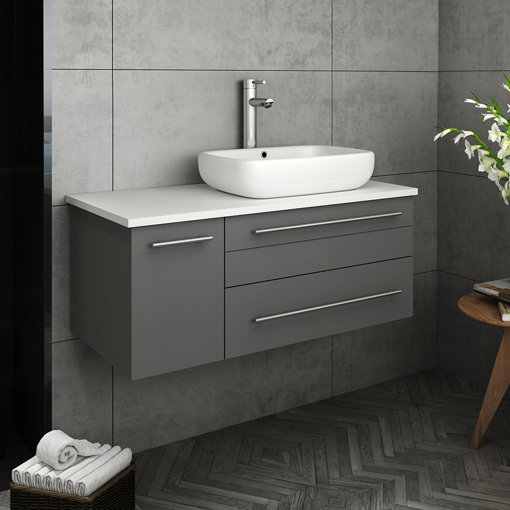 Fresca Lucera 36" Gray Wall Hung Modern Bathroom Cabinet w/ Top & Vessel Sink - Right Version