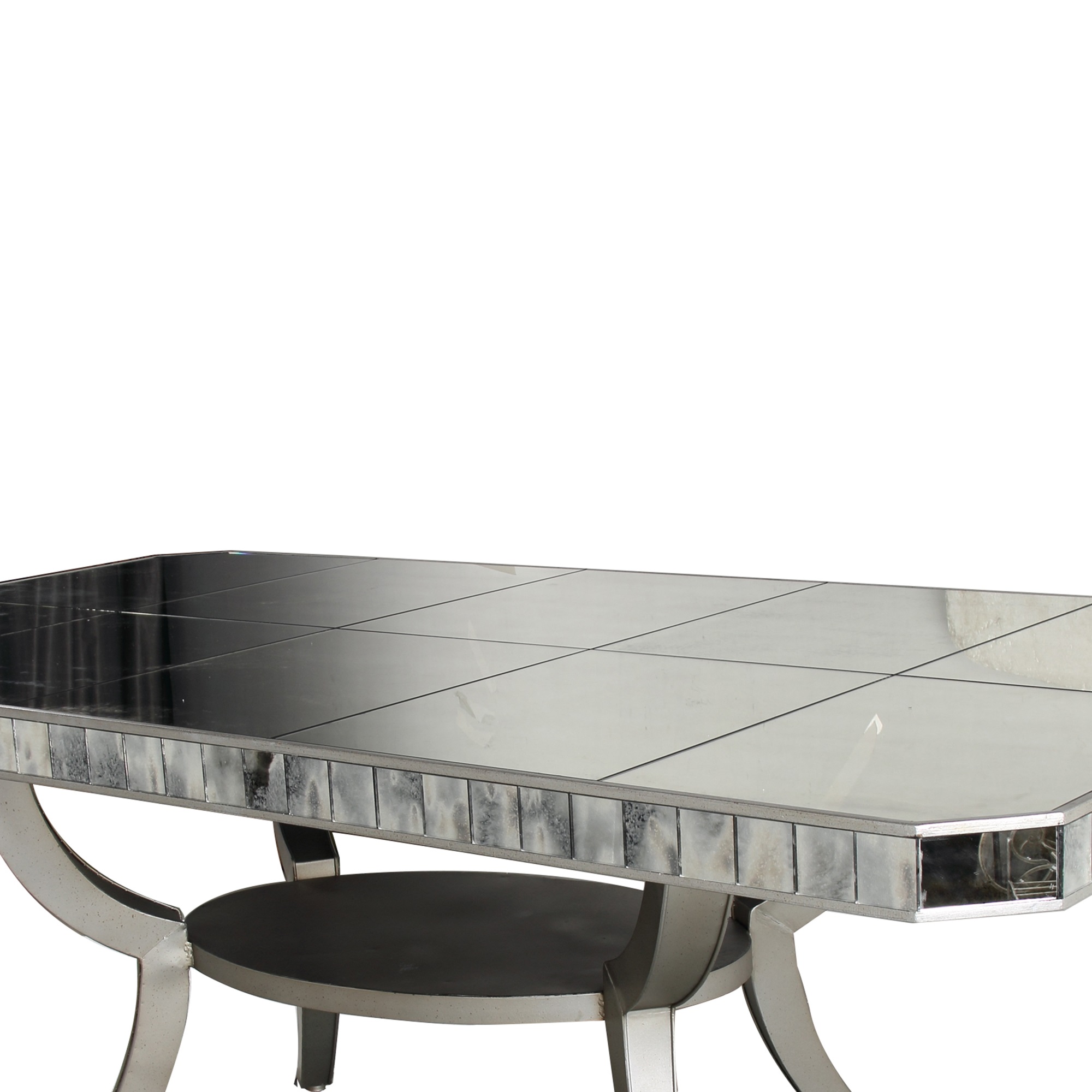 Benjara Wooden Rectangular Dining Table with Mirror Insets, Silver and Clear