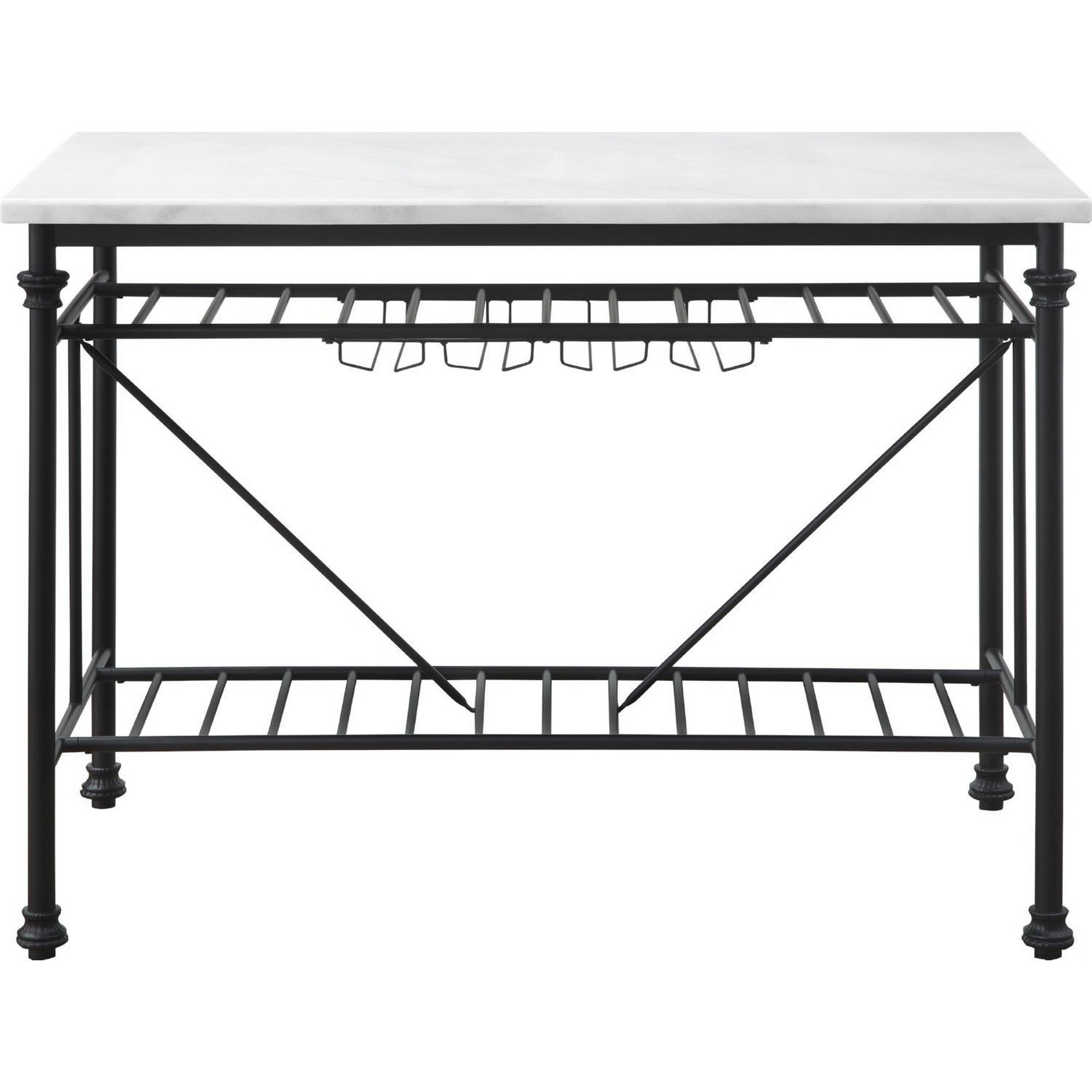 Benjara Kitchen Island with Marble Top and Slatted Shelf, Black and White