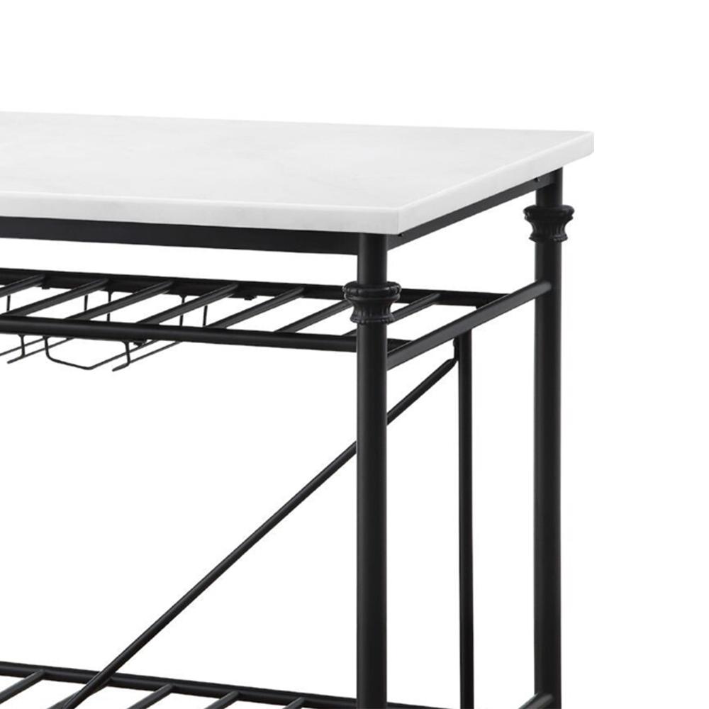 Benjara Kitchen Island with Marble Top and Slatted Shelf, Black and White