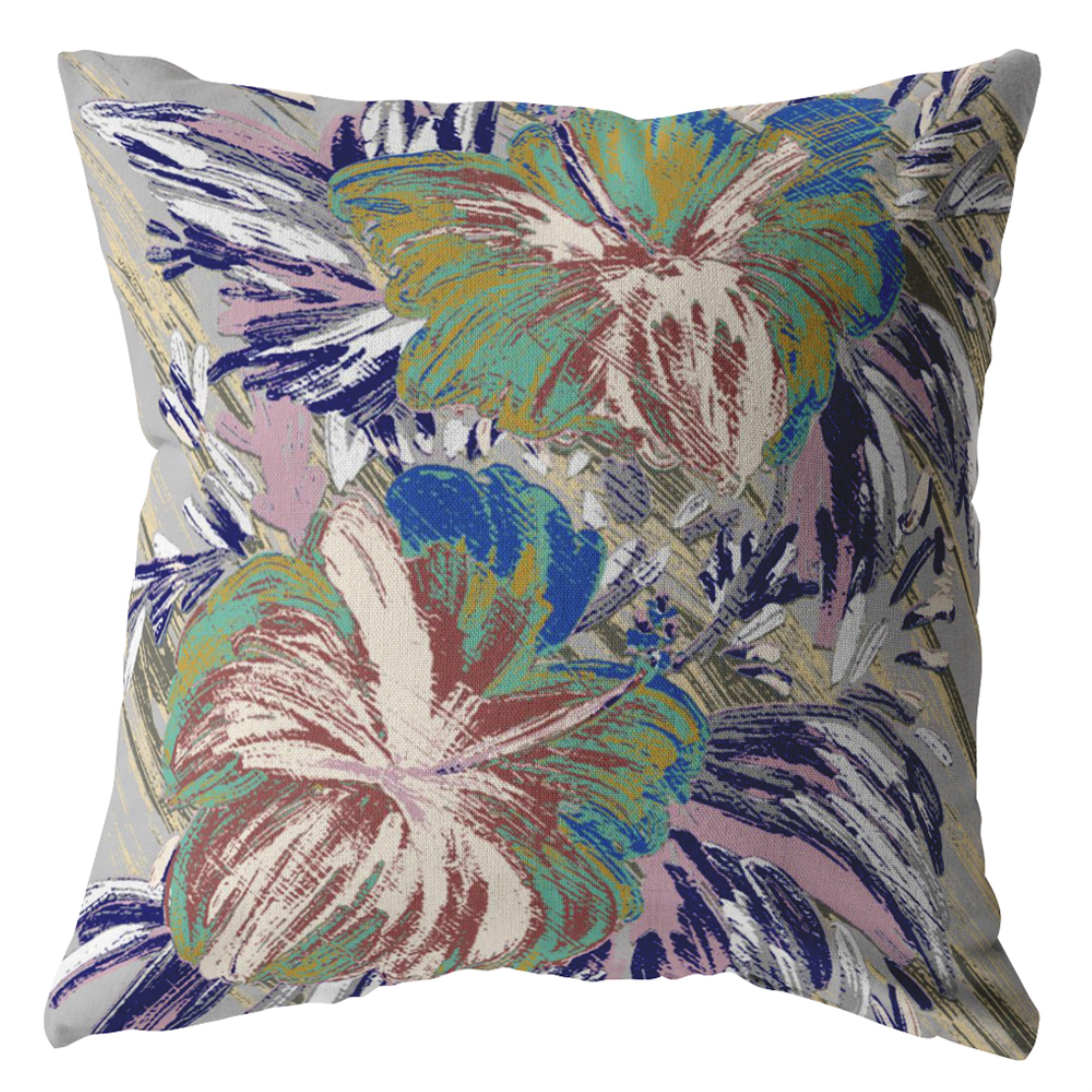 Amrita Sen Hawaiian Flowers Broadcloth Indoor Outdoor Zippered Pillow Green on Muted Purple