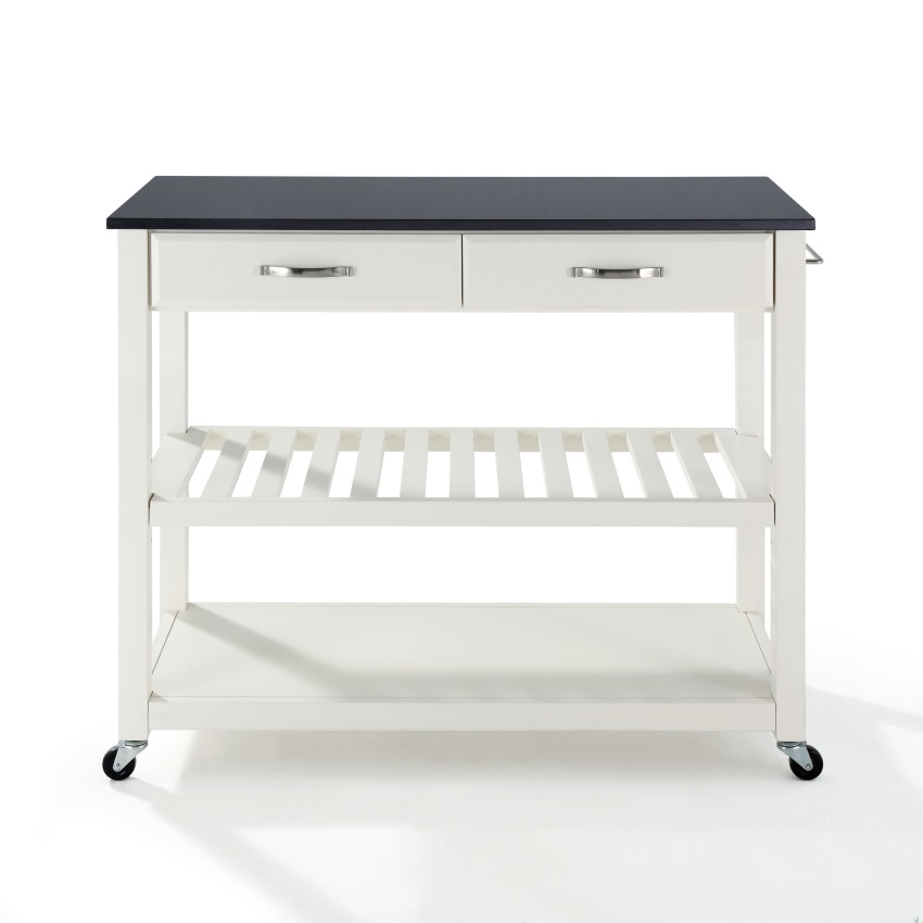 Ergode SOLID BLACK GRANITE TOP KITCHEN CART/ISLAND WITH OPTIONAL STOOL STORAGE IN WHITE FINISH