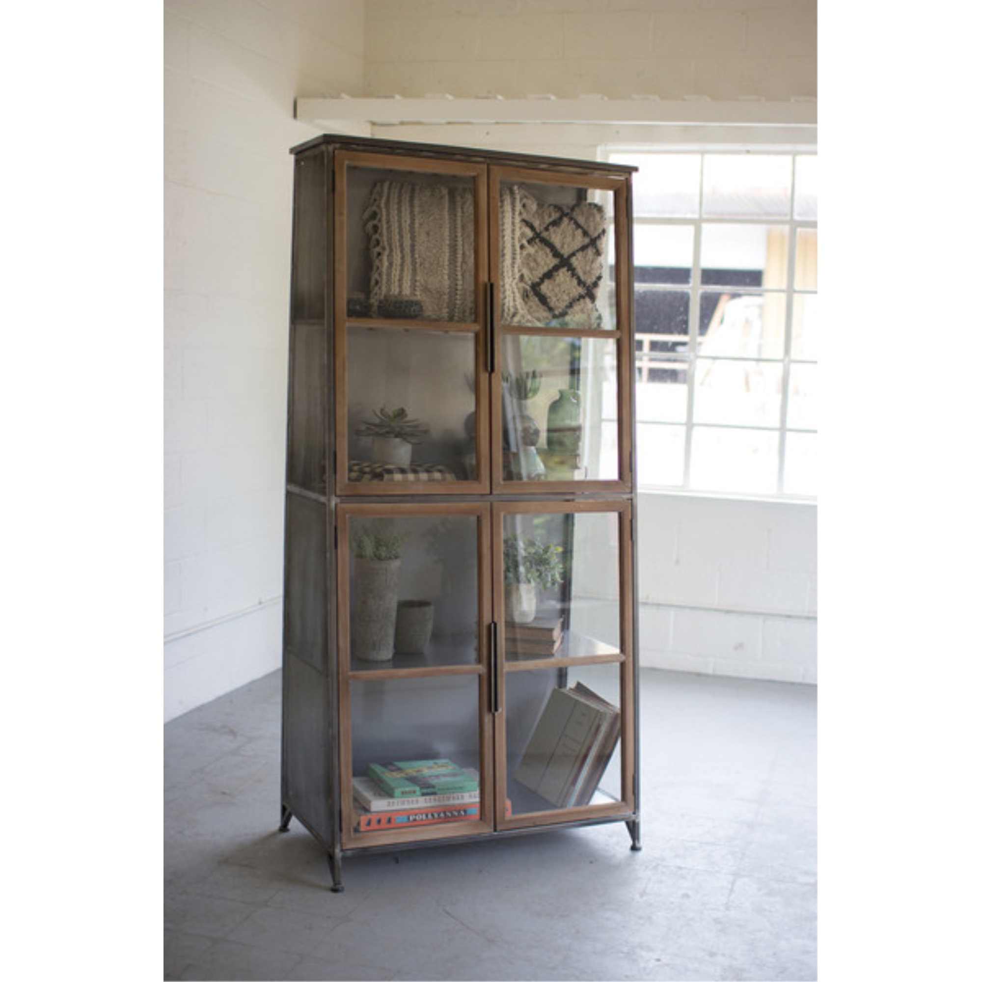 Kalalou CLL2219 38 x 20.5 x 79 in. Metal & Wood Slanted Display Cabinet with Glass Doors