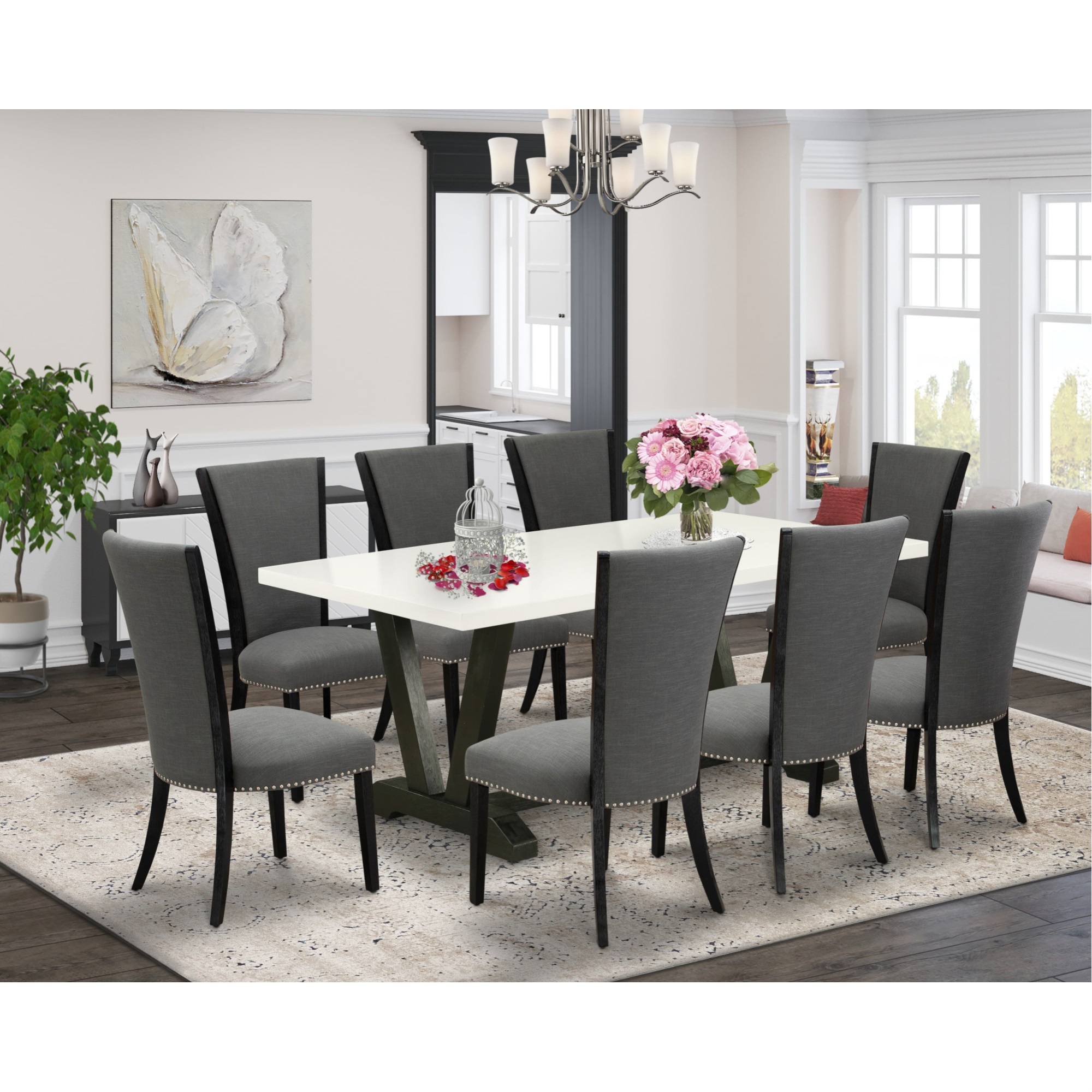 East West Furniture V627VE650-9 9 Piece Dining Room Table Set Includes a Linen White Dining Room Table and 8 Dark Gotham Grey Linen Fabric Dining C