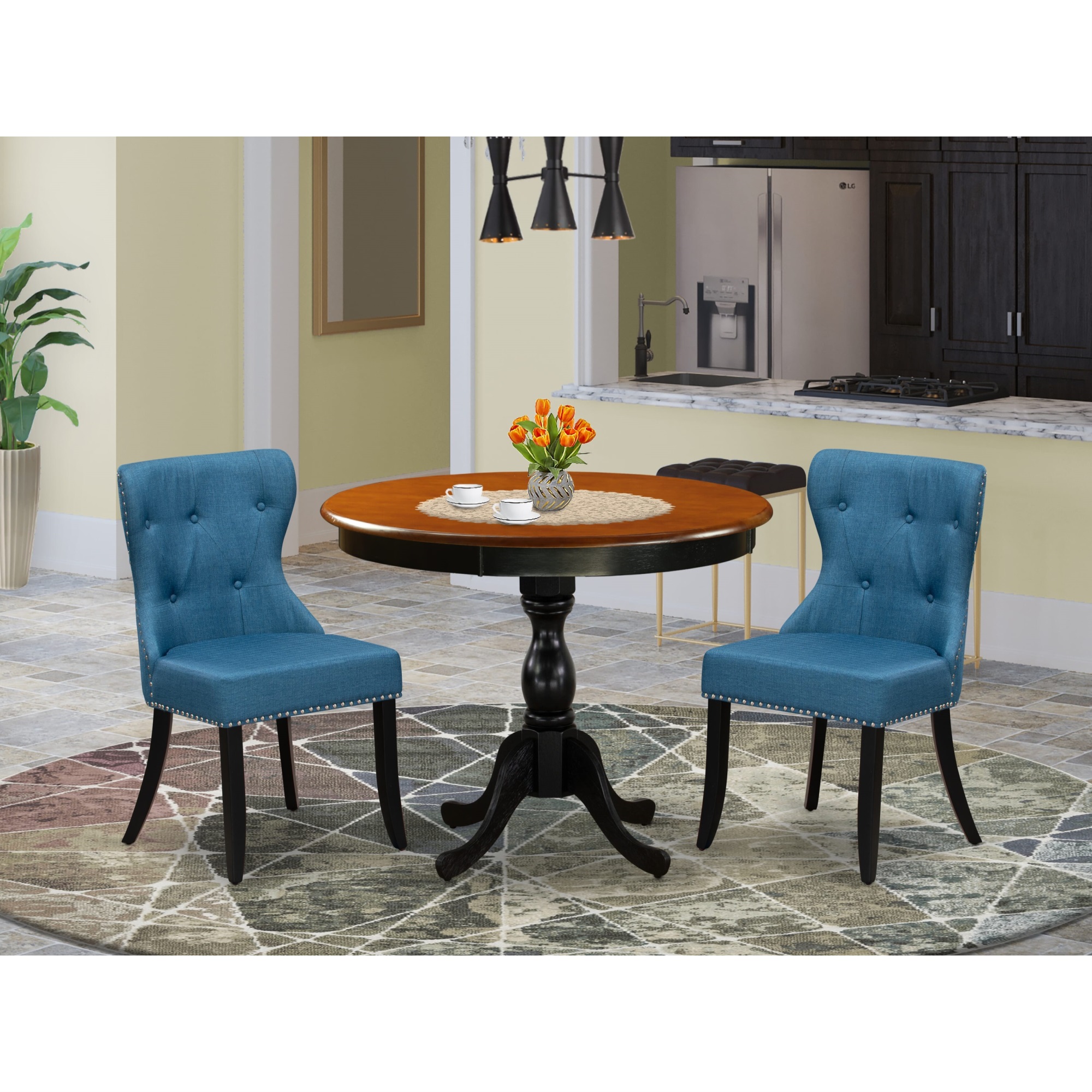East West Furniture AMSI3-BCH-21 3-Pc Dining Table Set Contains a Wood Dining  Table and 2 Blue Linen Fabric Mid Century Modern Chairs with Button T, image size:2000x2000
