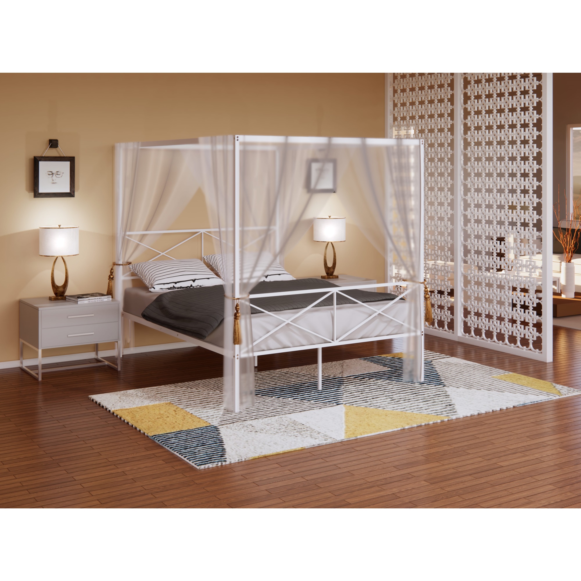 East West Furniture - GEQCWHI - Glendale Queen Size Bed Frame with Modern Designed Headboard and Footboard - Canopy Metal Frame in Powder Coating W