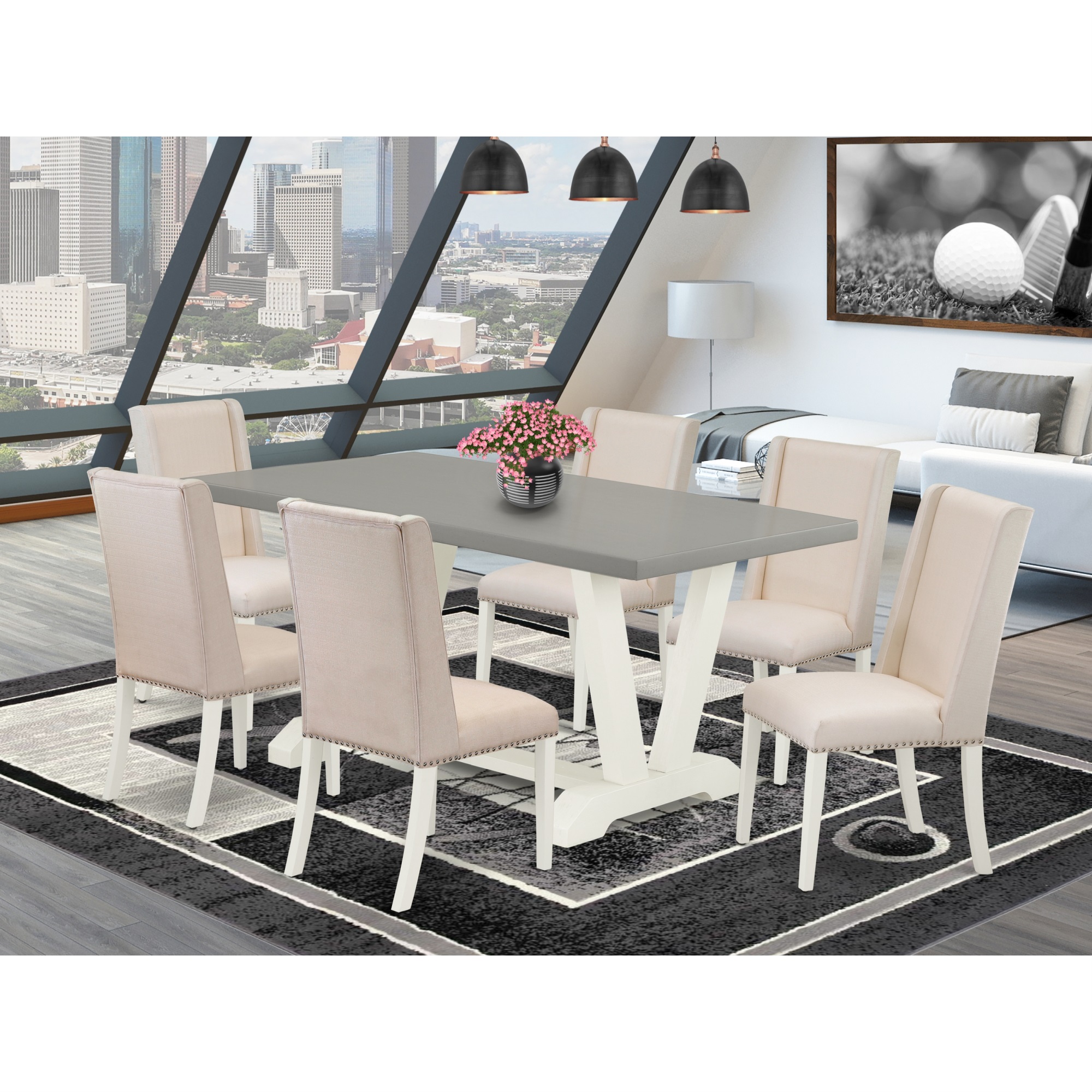 East West Furniture V096FL201-7 7-Piece Fashionable Dining Room Table Set an Outstanding Cement Color Kitchen Table Top 