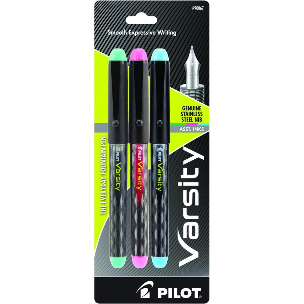 Pilot Automotive PILOT Varsity Pre-Filled Fountain Pens, Medium Point Stainless Steel Nib, Green/Pink/Turquoise Inks, 3-Pack (90067)