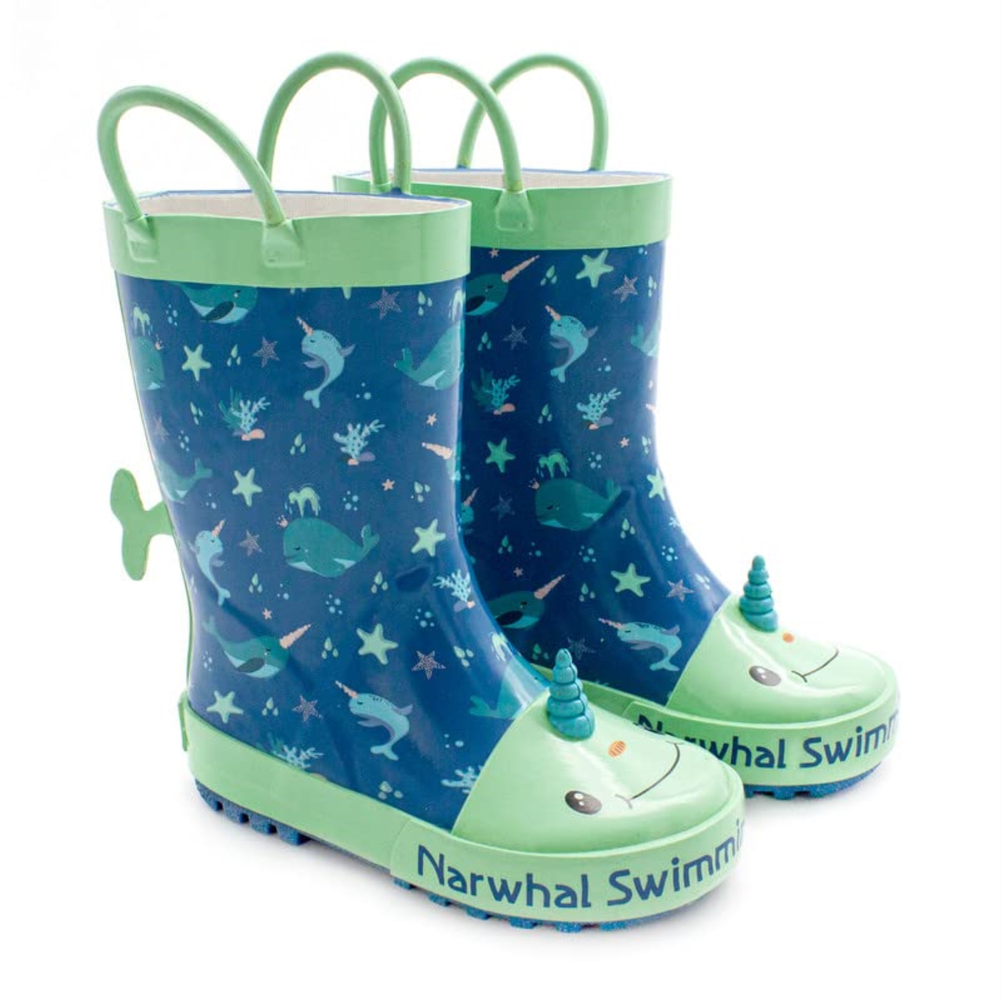 Mucky Wear Toddler Waterproof Boot With Loop Handle, 3D Whale Design Narwahl, Rain Boot Toddler Loop Boot, Rain Boot, Navy Blu