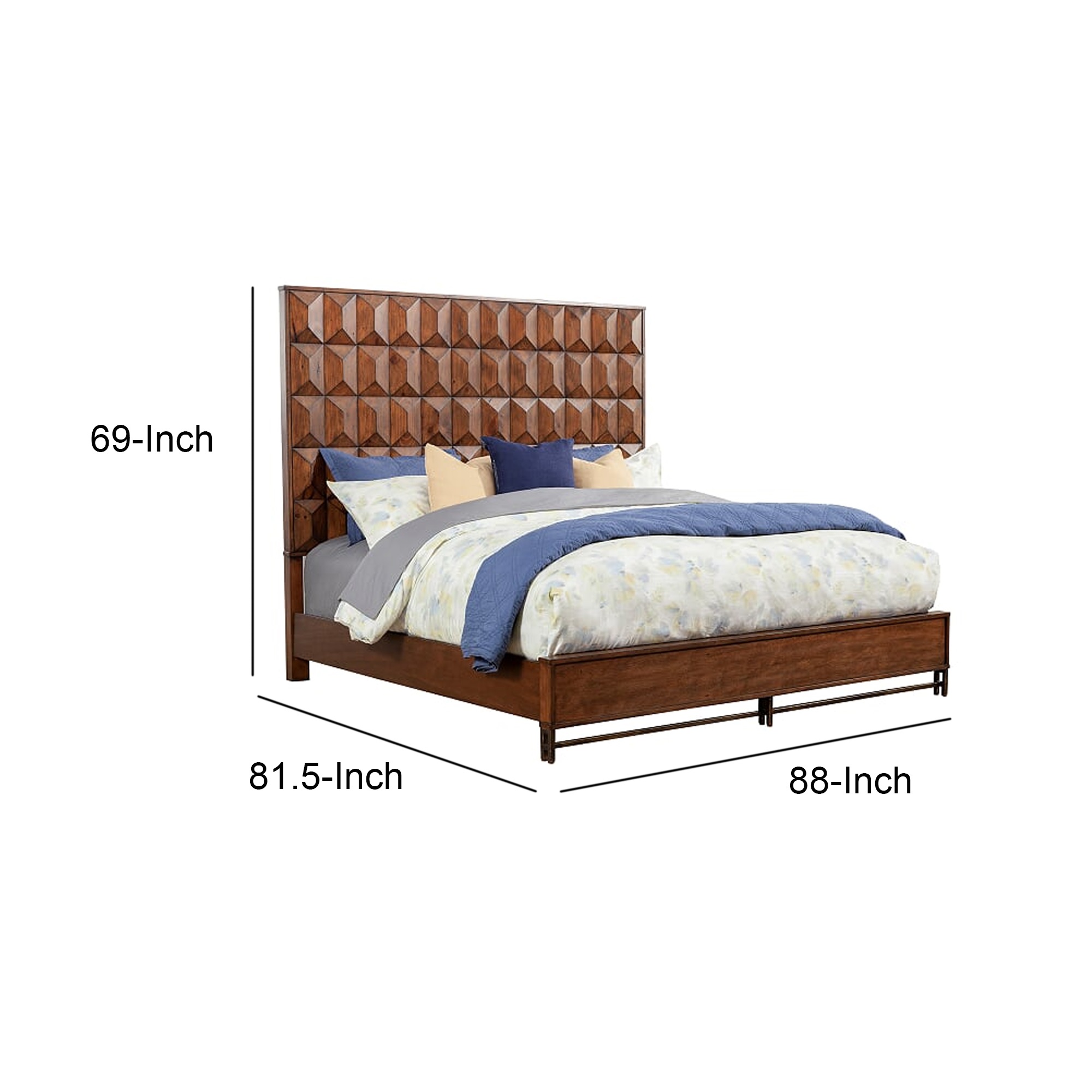 Benzara Wooden Standard King Bed with Honeycomb Design High Headboard, Brown