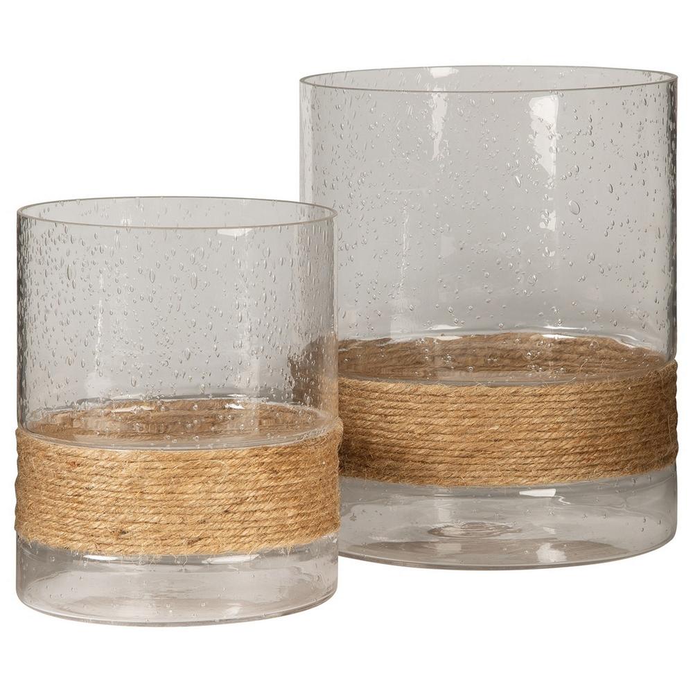 Benzara Candle Holder with Seeded Glass Hurricane and Rope, Set of 2,  Clear