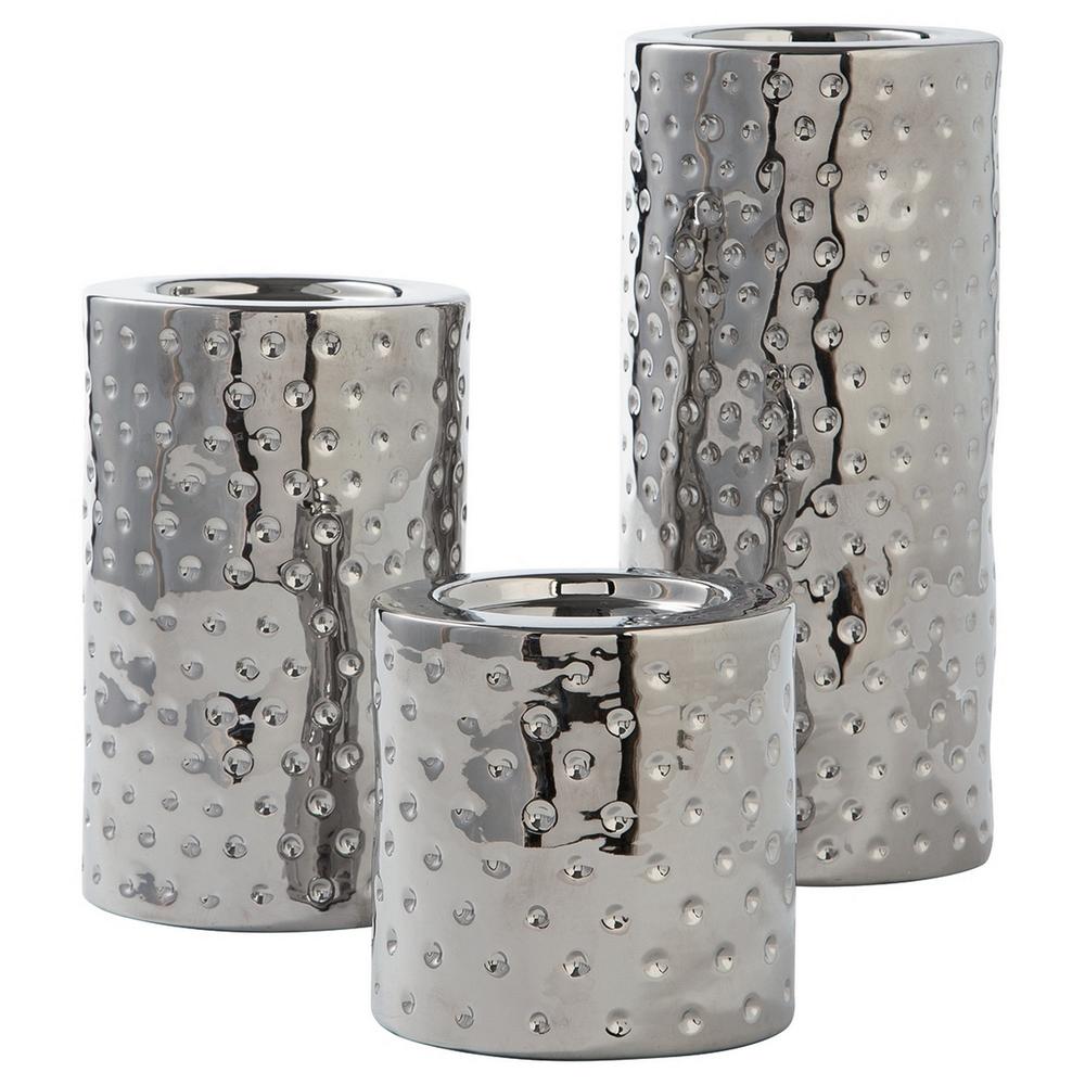 Benzara Candle Holder with Ceramic Hammered Design, Set of 3, Silver