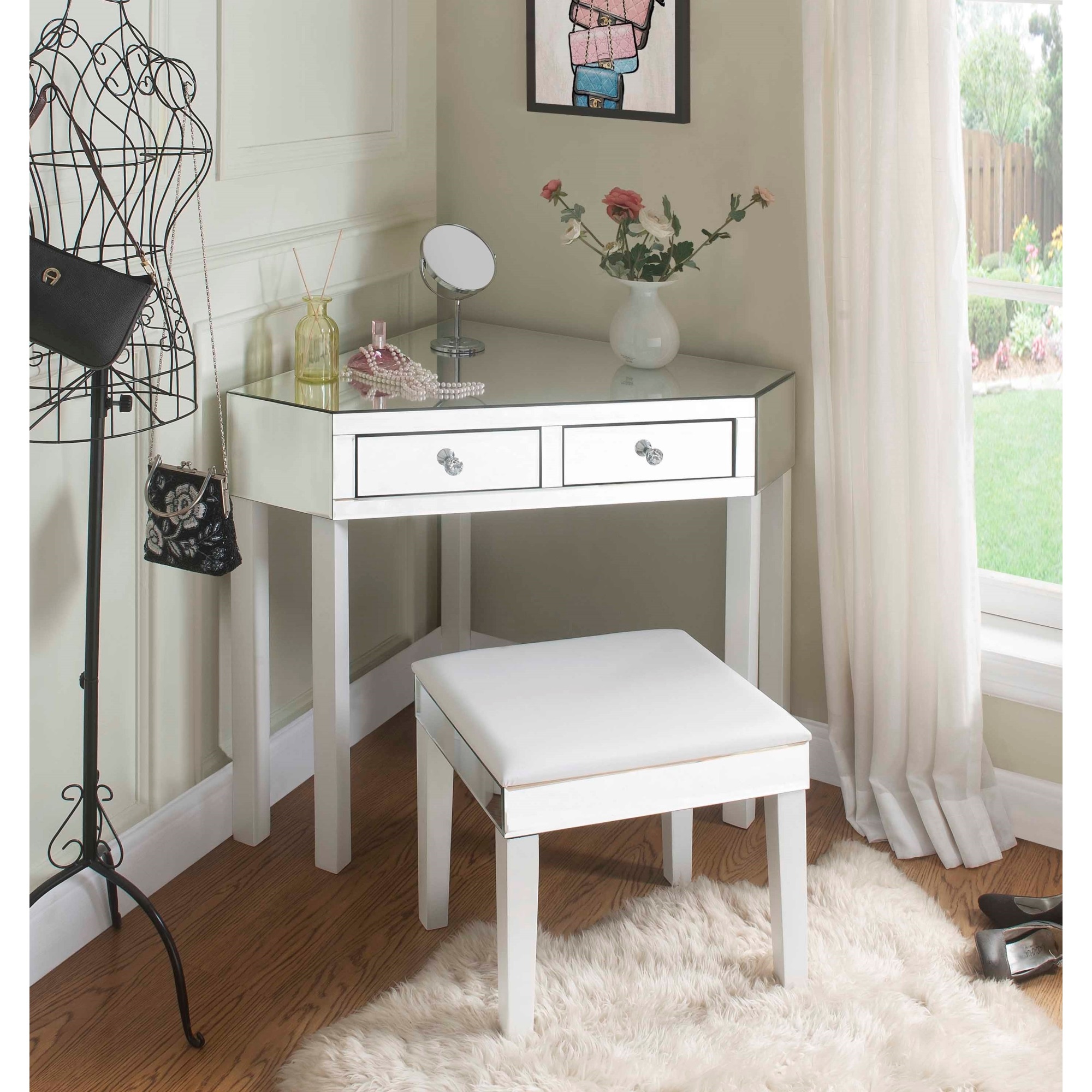 Inspired Home Decor, LLC Inspired Home Perry Mirrored Corner Makeup Vanity Table with Stool, White