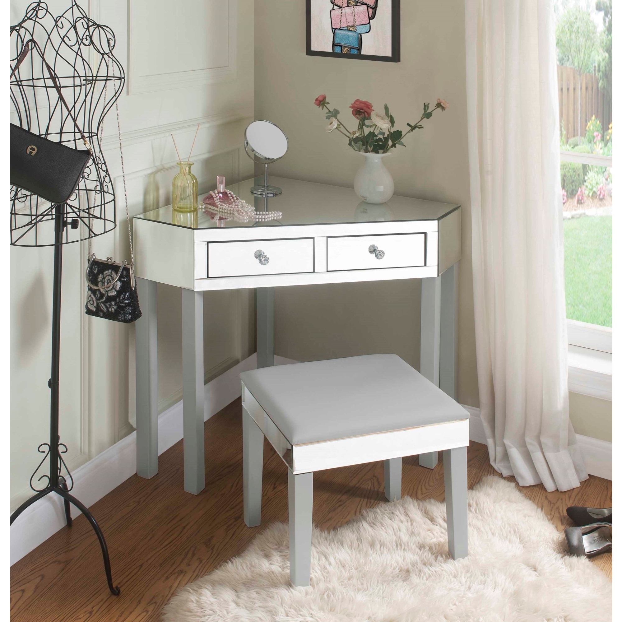 Inspired Home Decor, LLC Inspired Home Perry Mirrored Corner Makeup Vanity Table with Stool, Grey