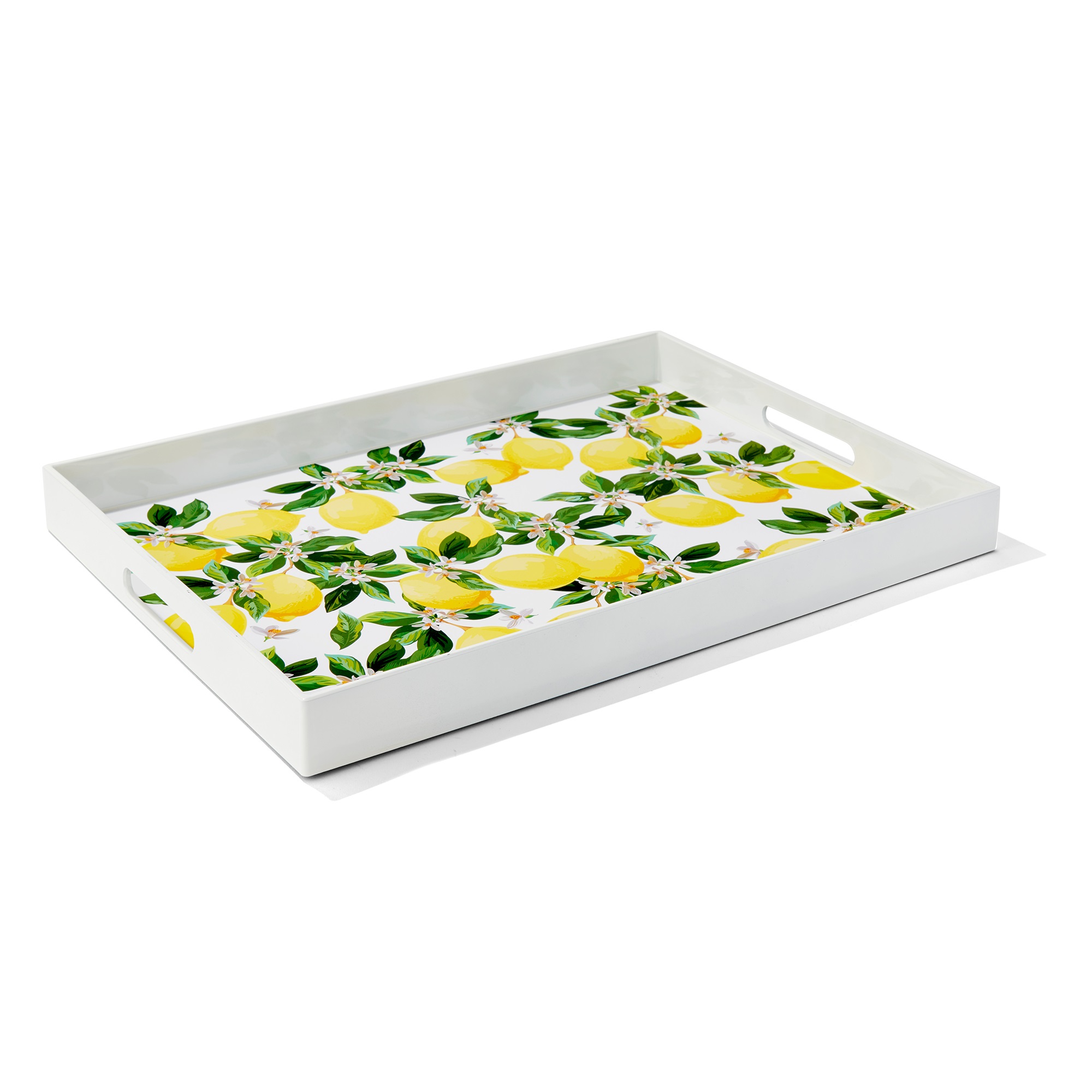 American Atelier Blossoms & Lemons Set of 2 Rectangular Serveware Trays w/ Handles, LG 14X19", MD 12 X 18"Trays