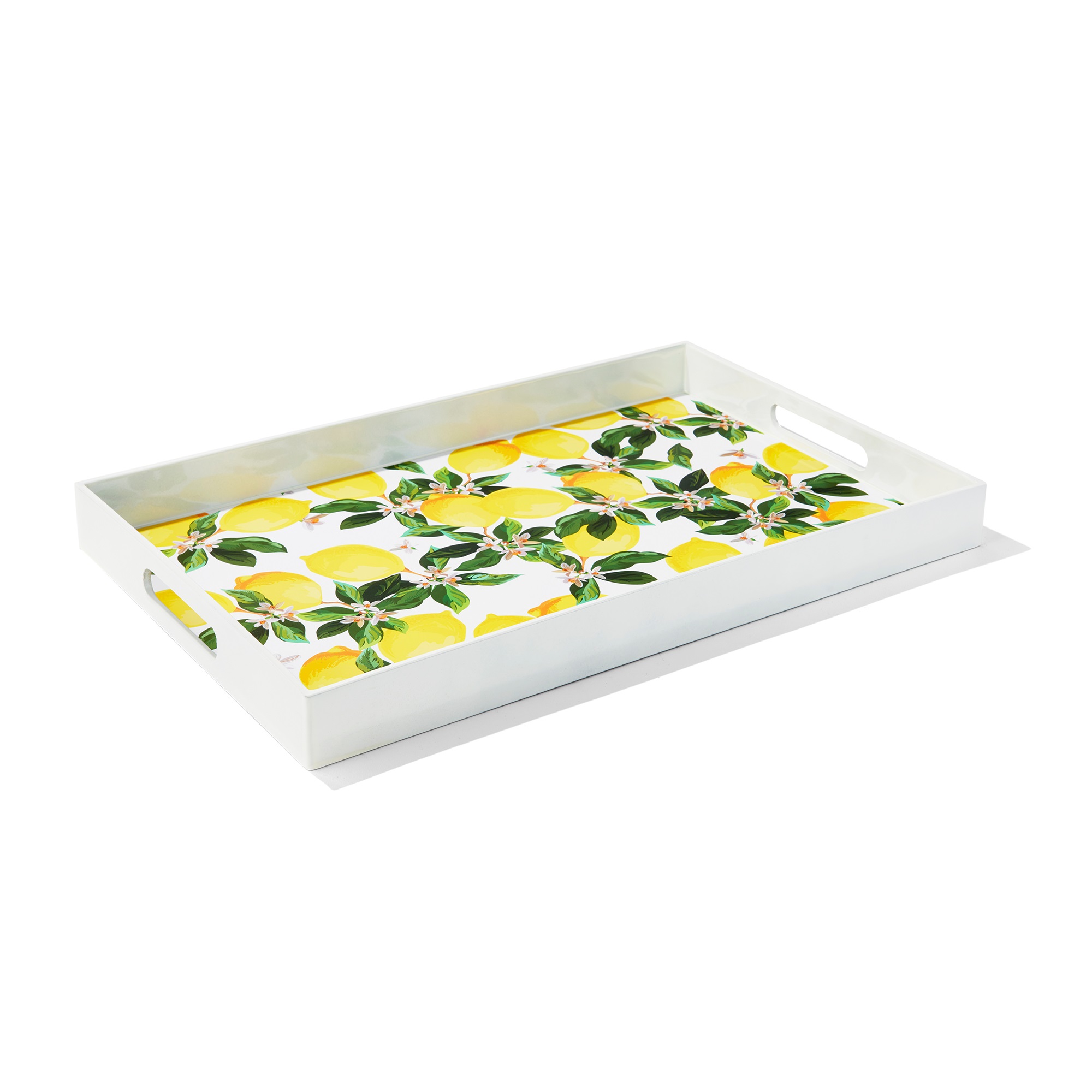 American Atelier Blossoms & Lemons Set of 2 Rectangular Serveware Trays w/ Handles, LG 14X19", MD 12 X 18"Trays