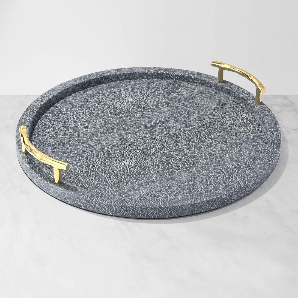 American Atelier PU Leather Gray Round Serveware Tray With Gold Handles 17.32x1.14"