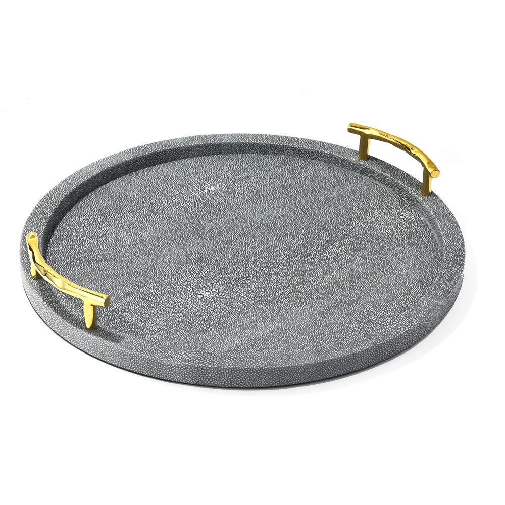 American Atelier PU Leather Gray Round Serveware Tray With Gold Handles 17.32x1.14"