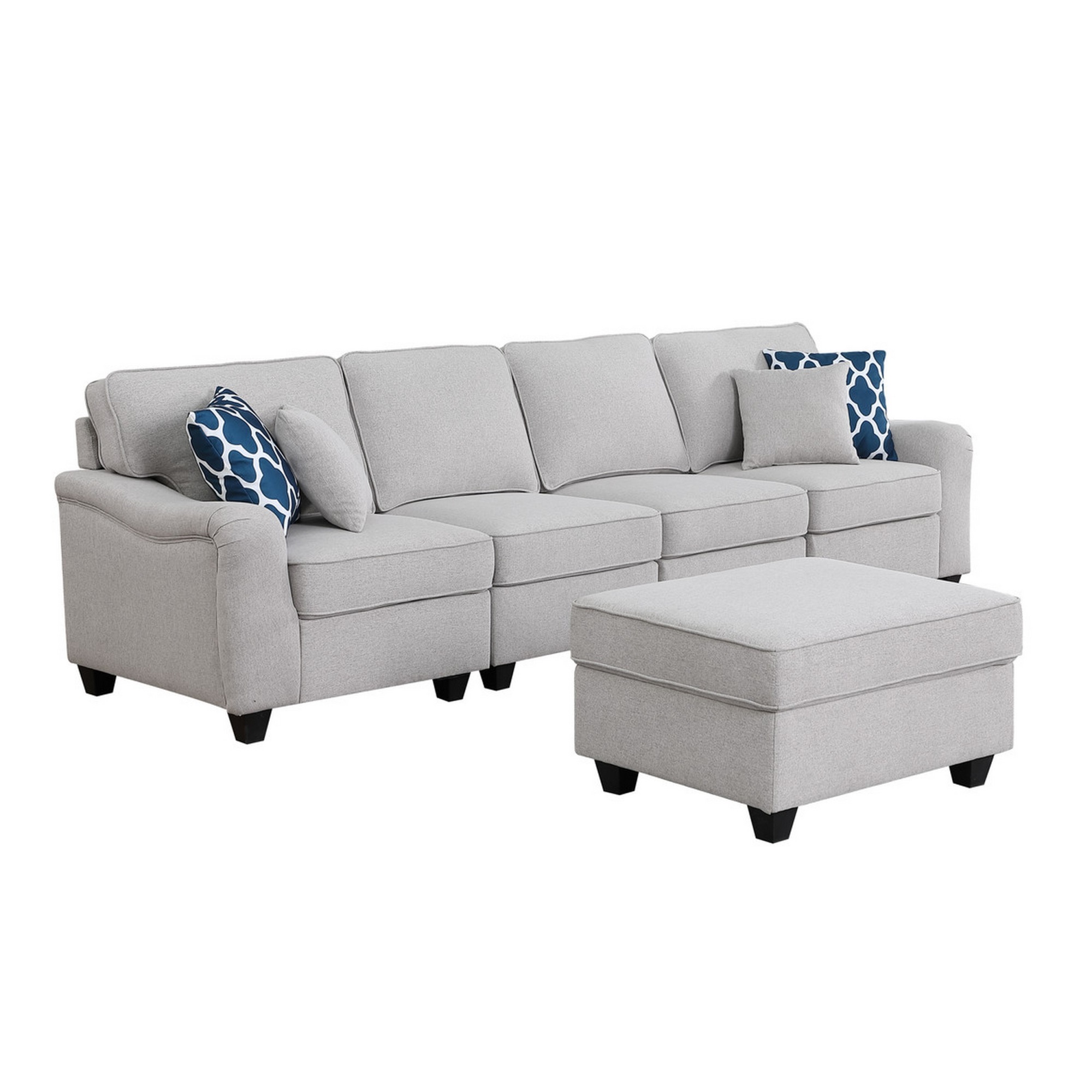 Benjara Lulu 119 Inch Sectional 5 Seater Sofa, Ottoman, 4 Pillows, Light Gray Linen