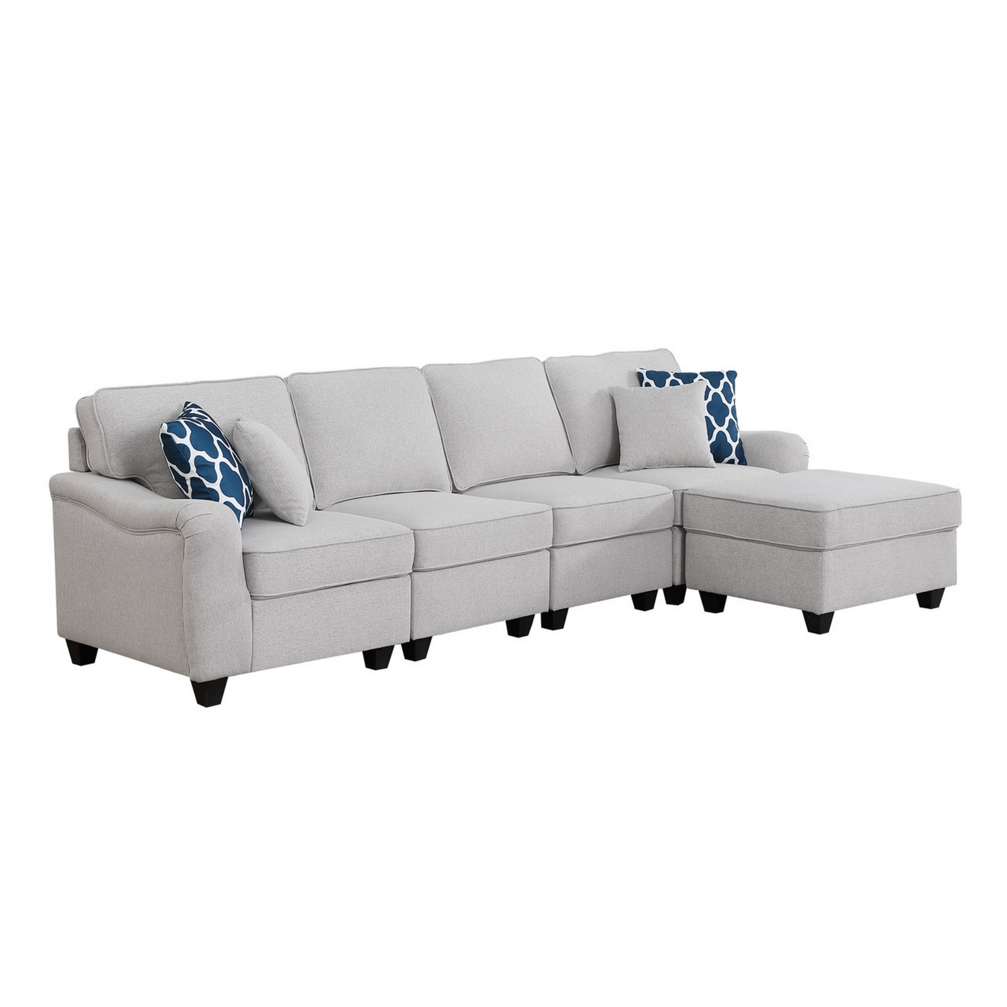 Benjara Lulu 119 Inch Sectional 5 Seater Sofa, Ottoman, 4 Pillows, Light Gray Linen