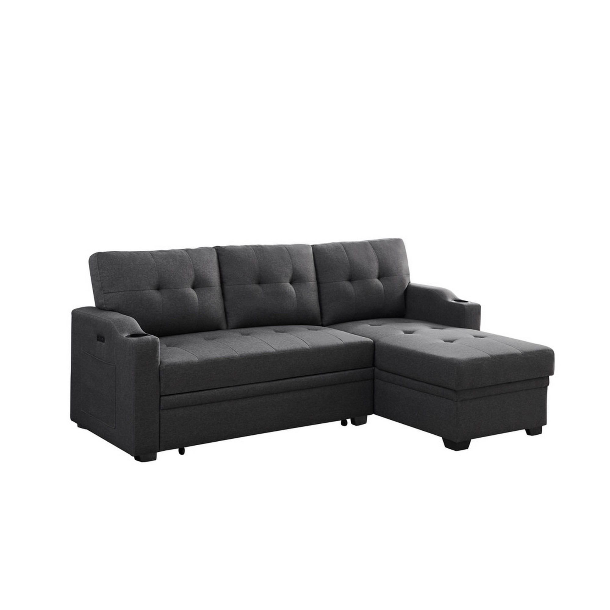 Benjara Leon 83 Inch Sleeper Sectional Sofa, USB Ports, Cupholders, Dark Gray Linen