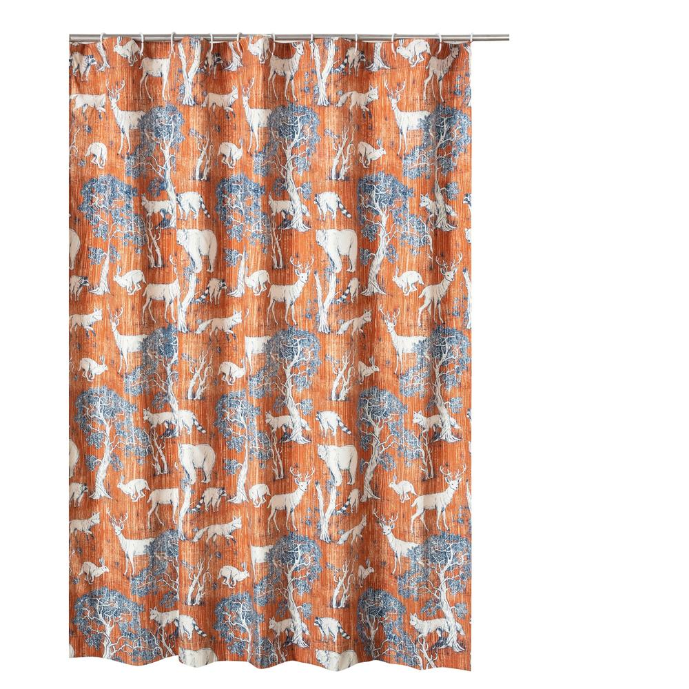 Benjara Gin 72 Inch Shower Curtain, Fun Deer and Bears Print, Orange Microfiber