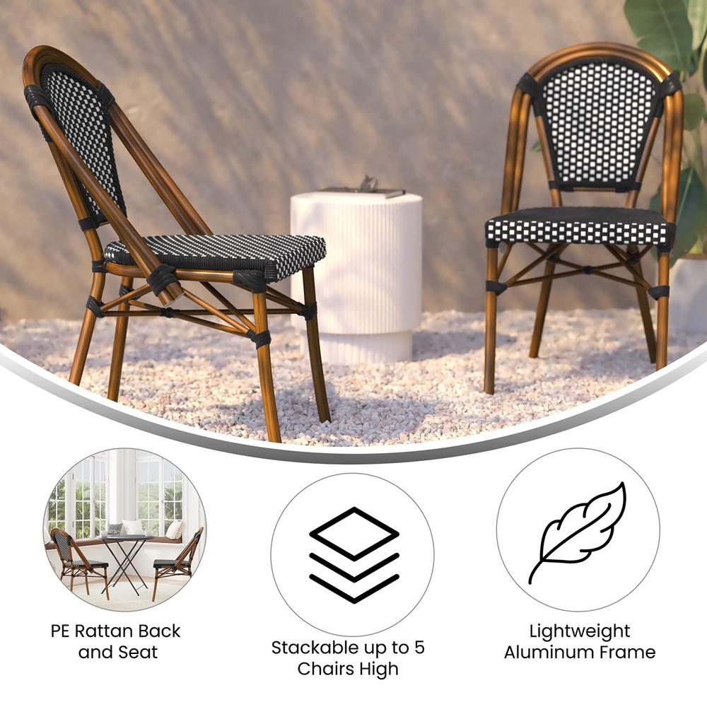 Flash Furniture Bordeaux Set of 2 Indoor/Outdoor Commercial French Bistro Stacking Chairs, Black/White PE Rattan Back and Seat, Bamboo Print Al