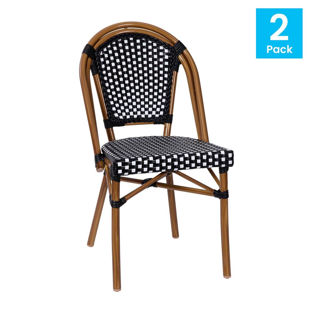 Flash Furniture Bordeaux Set of 2 Indoor/Outdoor Commercial French Bistro Stacking Chairs, Black/White PE Rattan Back and Seat, Bamboo Print Al