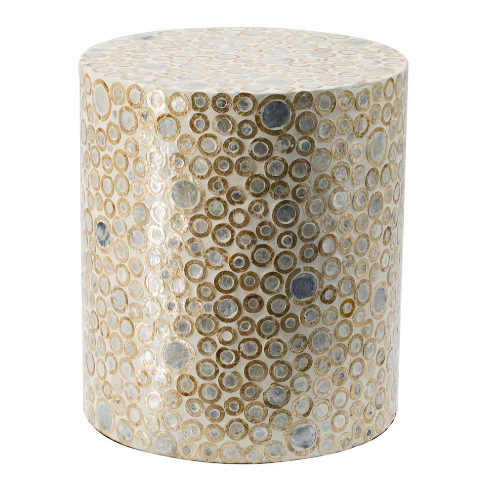 BenJara 16 Inch Cylindrical Luxury Accent Table Decorative Stool, Blue, Gold, White