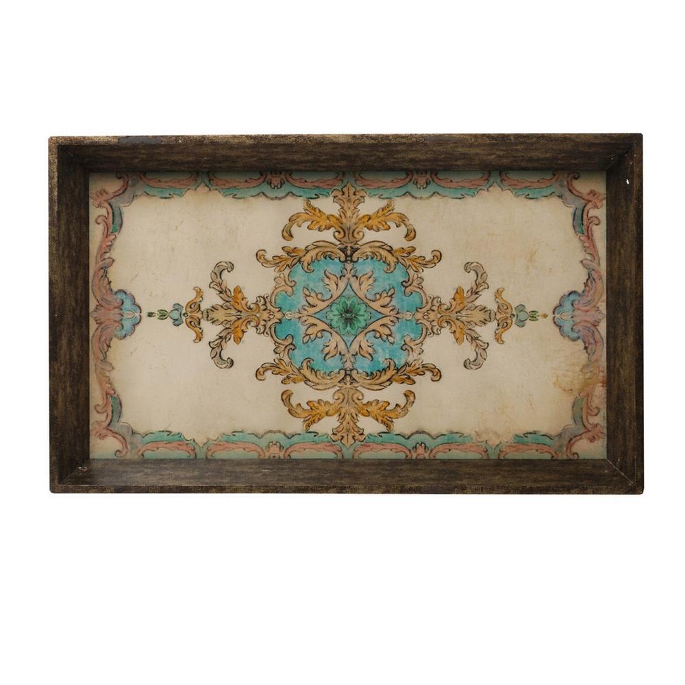 BenJara 25 Inch Wood Tray, Vintage Style, Distressed Brown Wood Frame, Set of 2