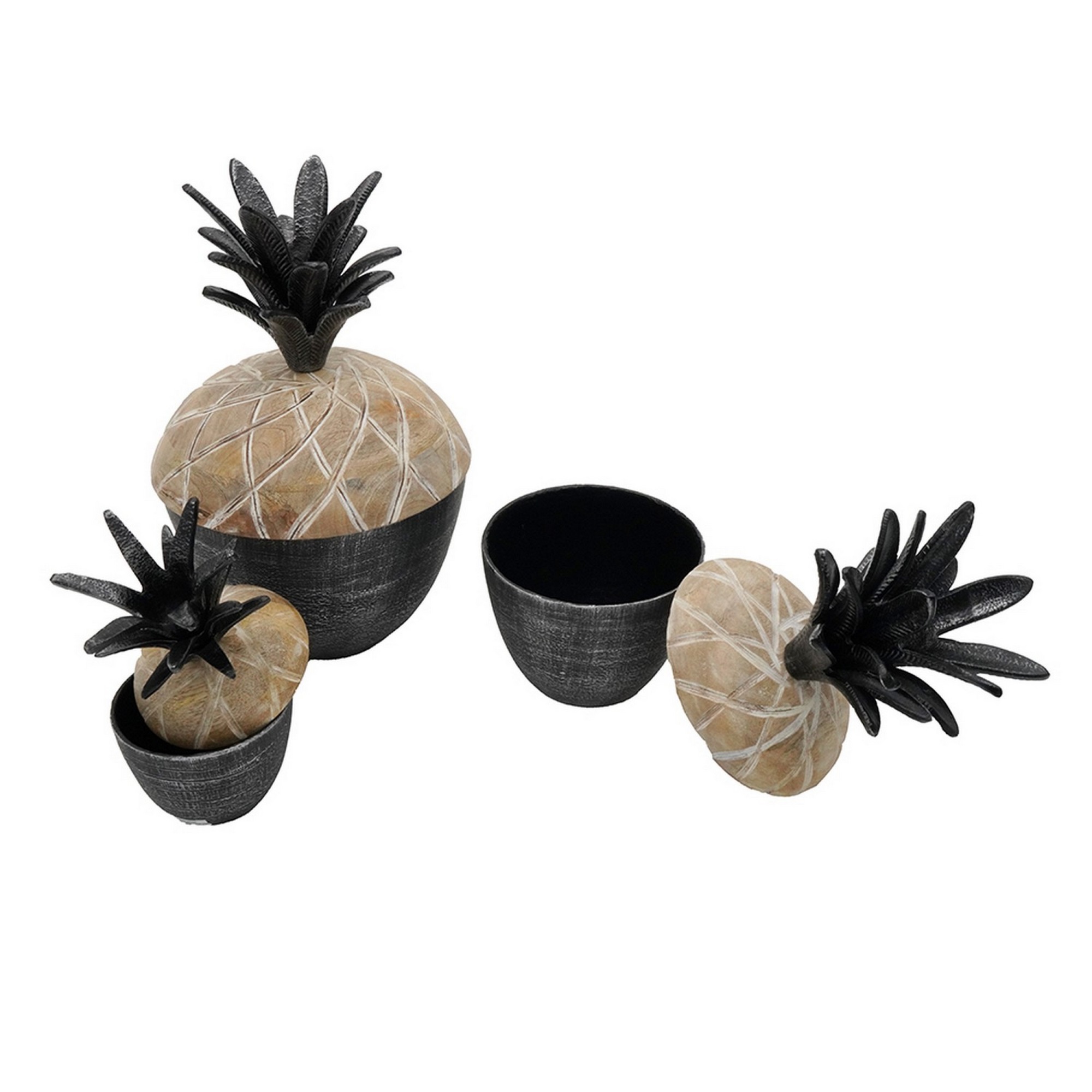 BenJara 14, 12, 11 Inch Lidded Jar, Pineapple Design, Gray Mango Wood, Set of 3