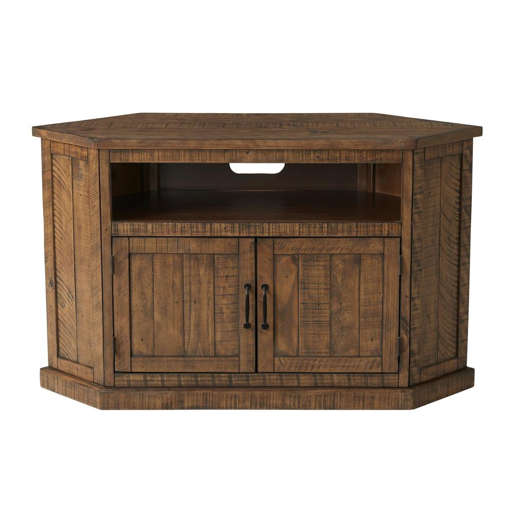 BenJara Alexa 50 Inch TV Corner Entertainment Console, Cubby, Cabinet, Brown Stained