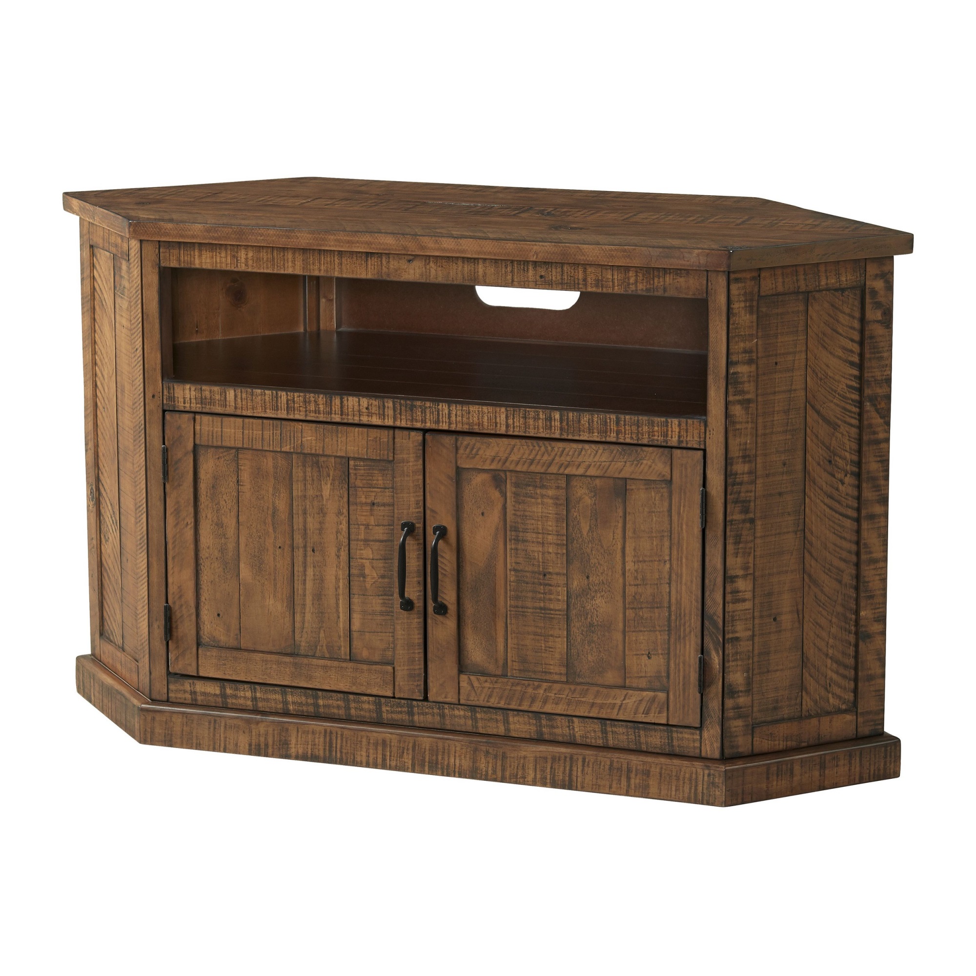 BenJara Alexa 50 Inch TV Corner Entertainment Console, Cubby, Cabinet, Brown Stained