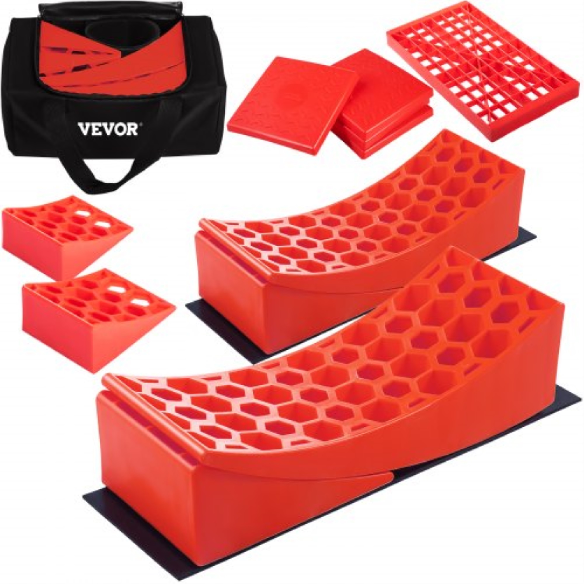 VEVOR Camper Leveler, 14 Pack, HDPE RV Leveling Blocks, Includes Two Curved Levelers, Four Chocks, Four Pads, Two Anti-Slip Ma