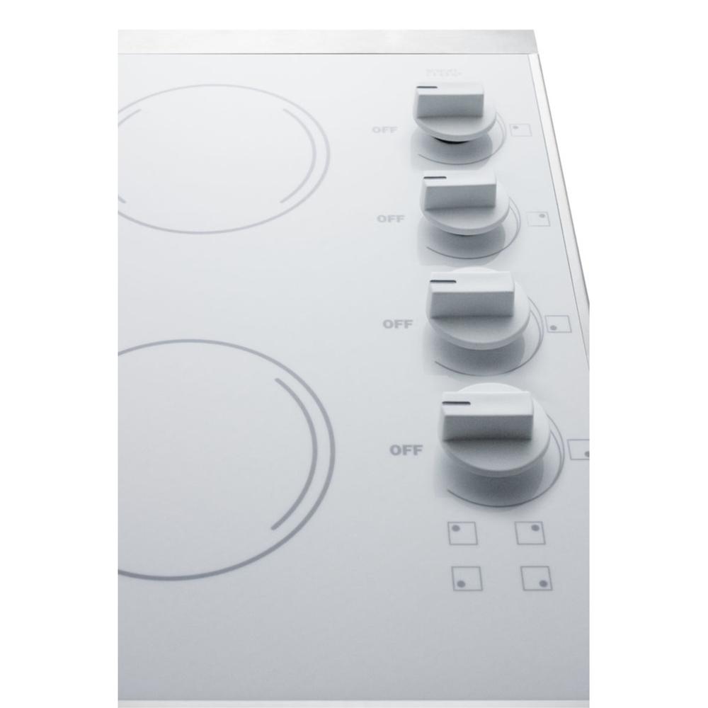 Summit 24" wide 4-burner radiant cooktop made in the USA, with one large 8" element and three standard elements in smooth white ceram