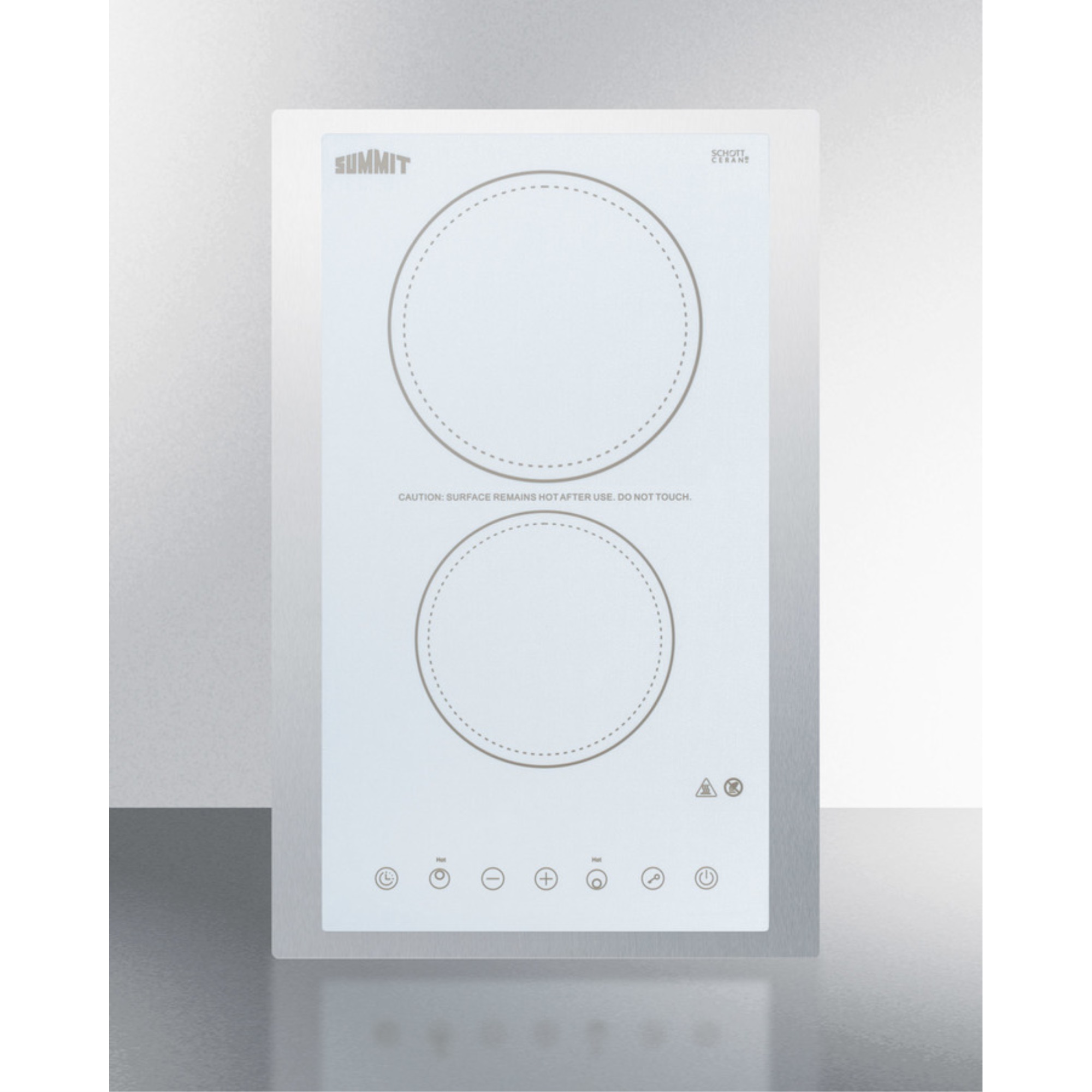 Summit 230V 2-burner cooktop in white ceramic Schott glass with digital touch controls and stainless steel frame to allow installatio
