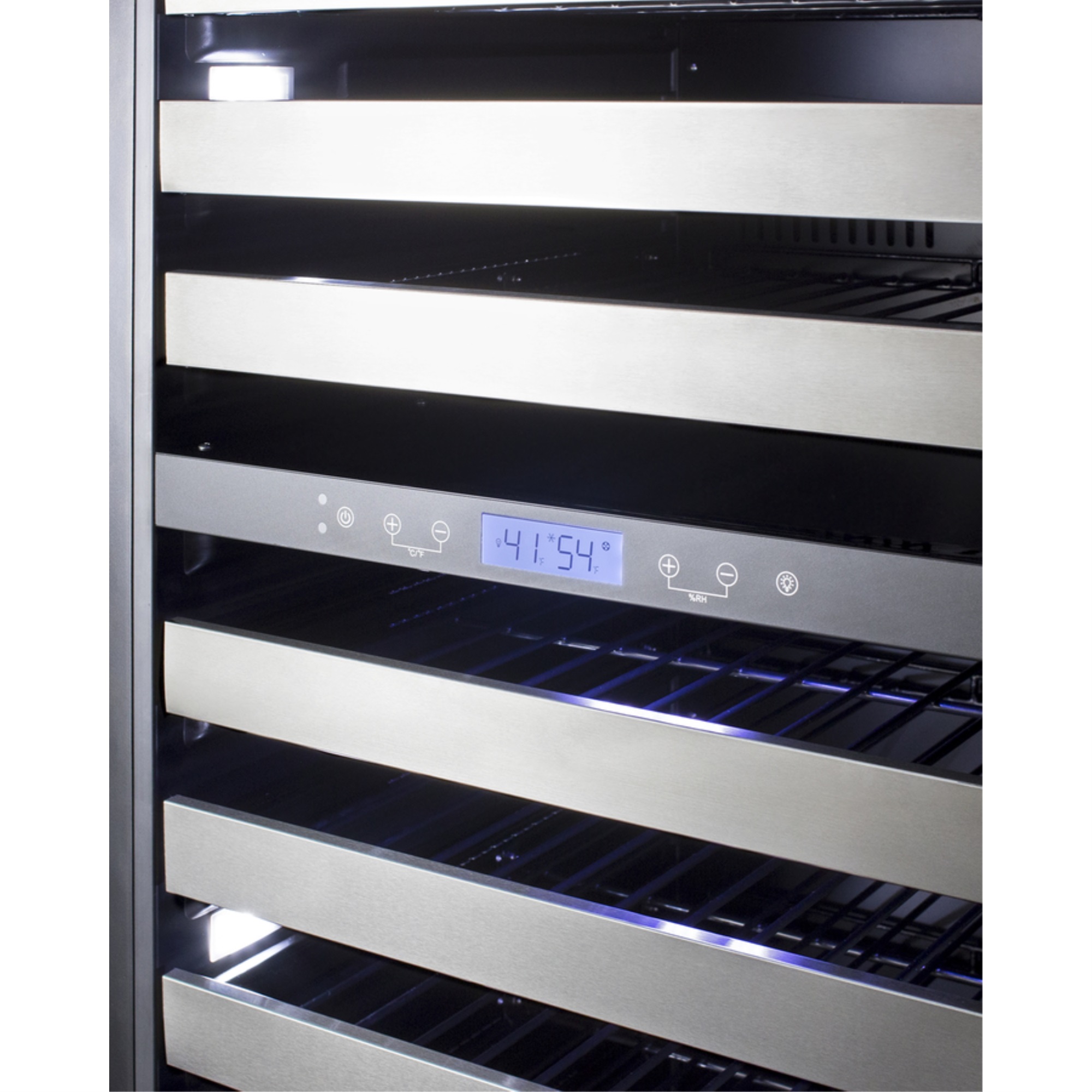 Summit Commercially approved dual zone wine cellar for built-in or freestanding use with seamless stainless steel door and full-exten