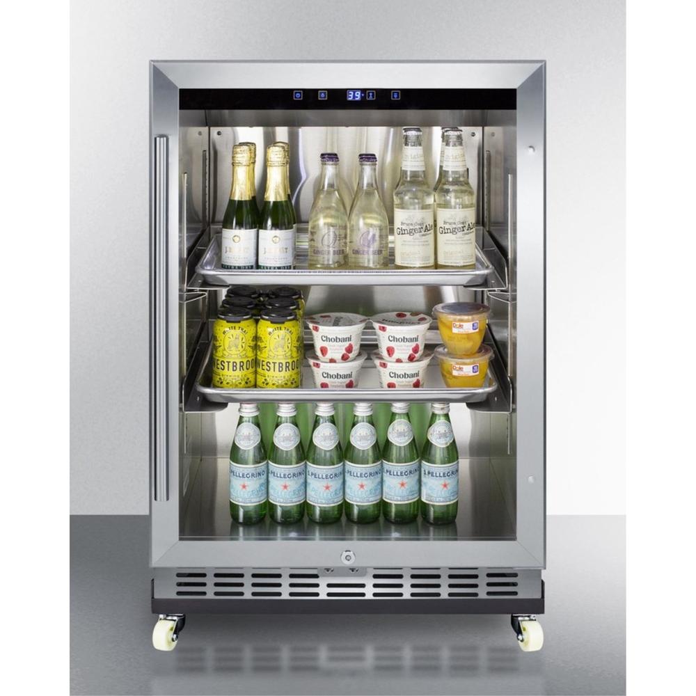 Summit Commercial Commercial outdoor mini reach-in beverage center with glass door, stainless steel cabinet, and dolly
