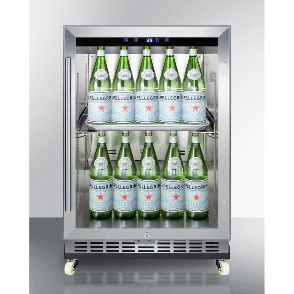 Summit Commercial Commercial outdoor mini reach-in beverage center with glass door, stainless steel cabinet, and dolly