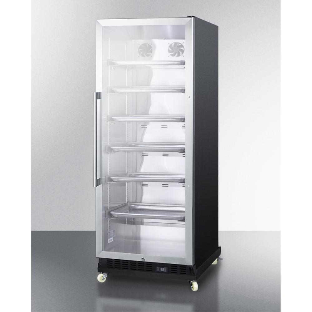 Summit Commercial Commercial mini reach-in beverage center with glass door, black cabinet, and dolly