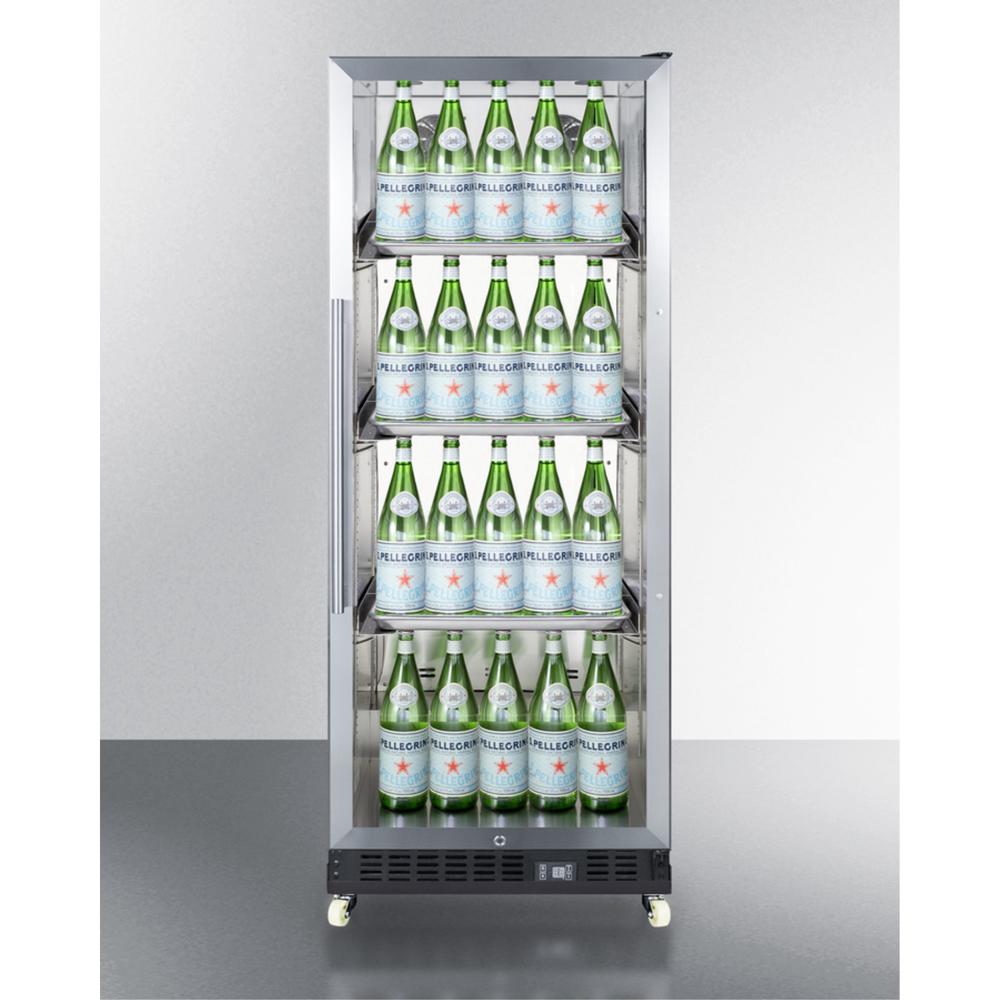Summit Commercial Commercial mini reach-in beverage center with glass door, black cabinet, and dolly