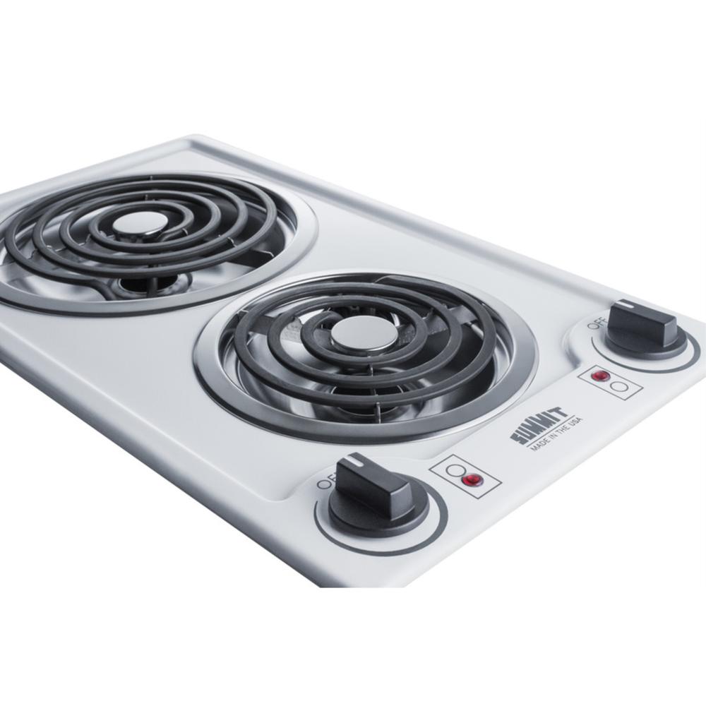 Summit 220V 2-burner coil cooktop in white, made in the USA