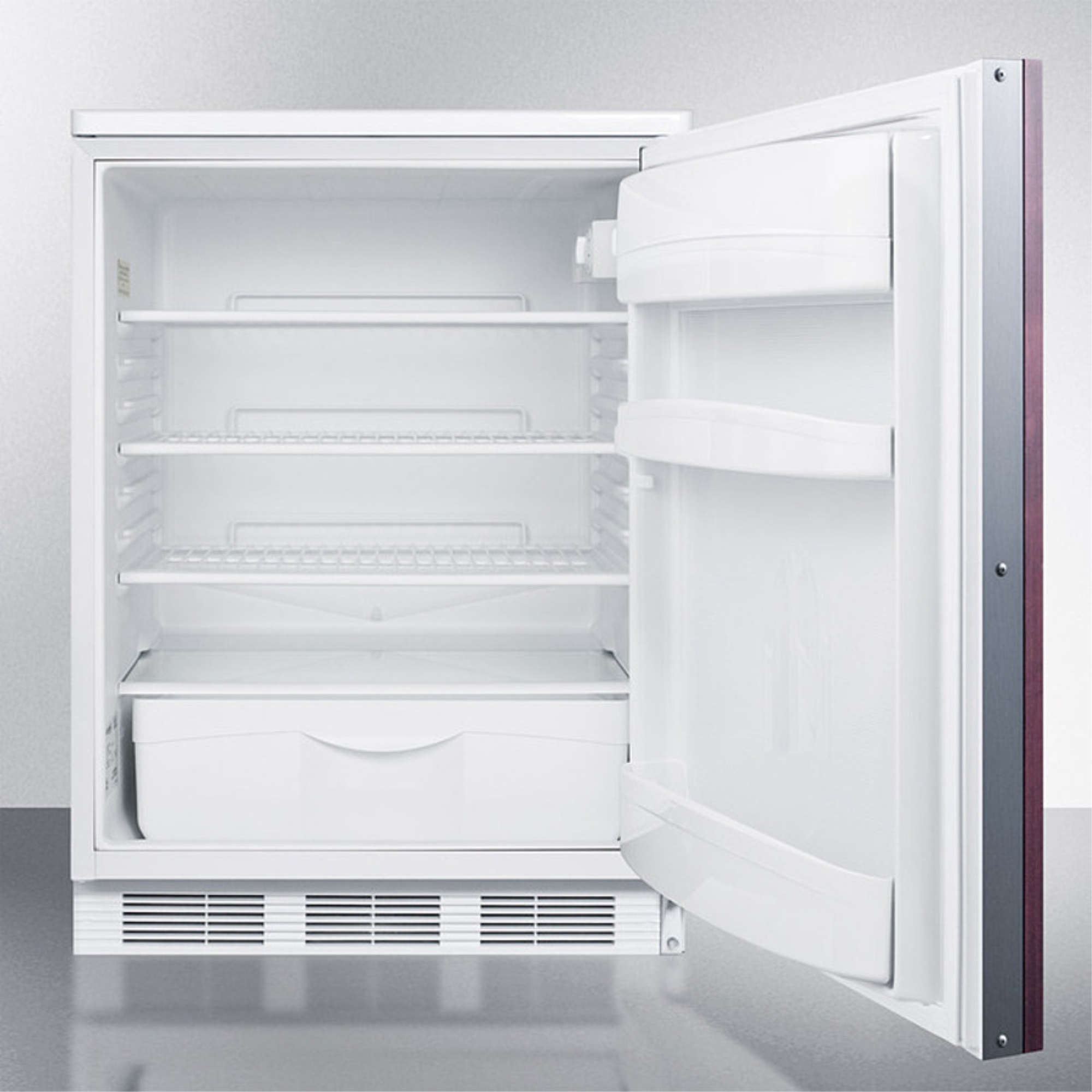 AccuCold Commercially approved built-in undercounter all-refrigerator with auto defrost, deluxe interior, and front lock; capable of ac