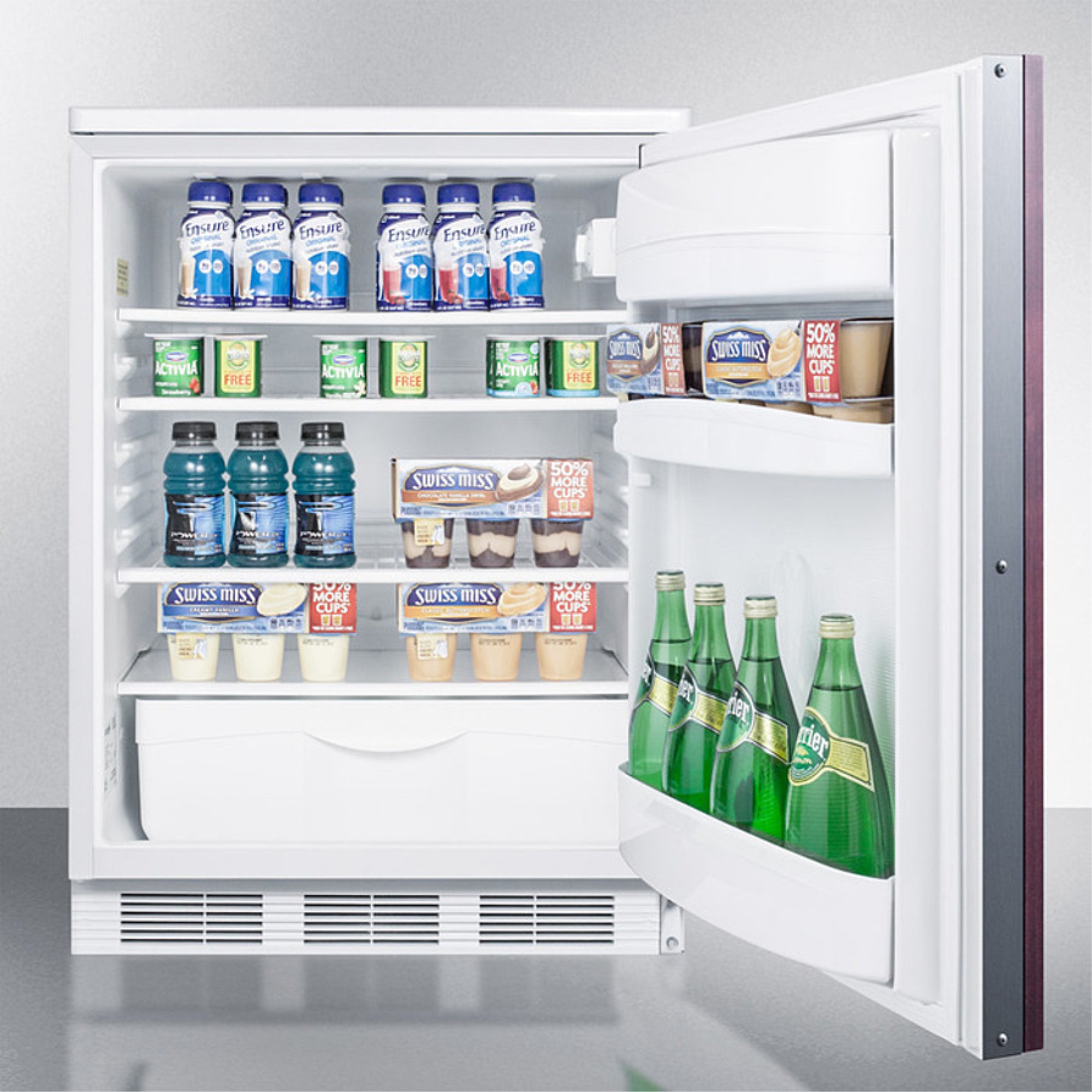 AccuCold Commercially approved built-in undercounter all-refrigerator with auto defrost, deluxe interior, and front lock; capable of ac