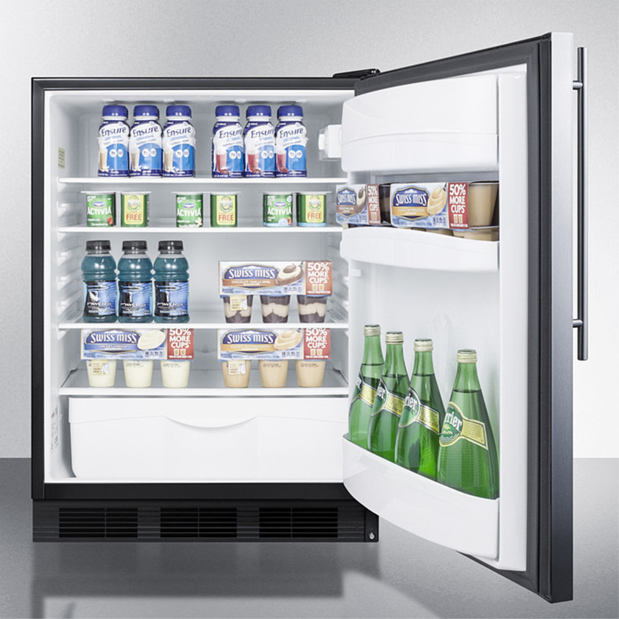 AccuCold ADA compliant all-refrigerator for built-in general purpose use, auto defrost w/stainless steel wrapped door, thin handle, and
