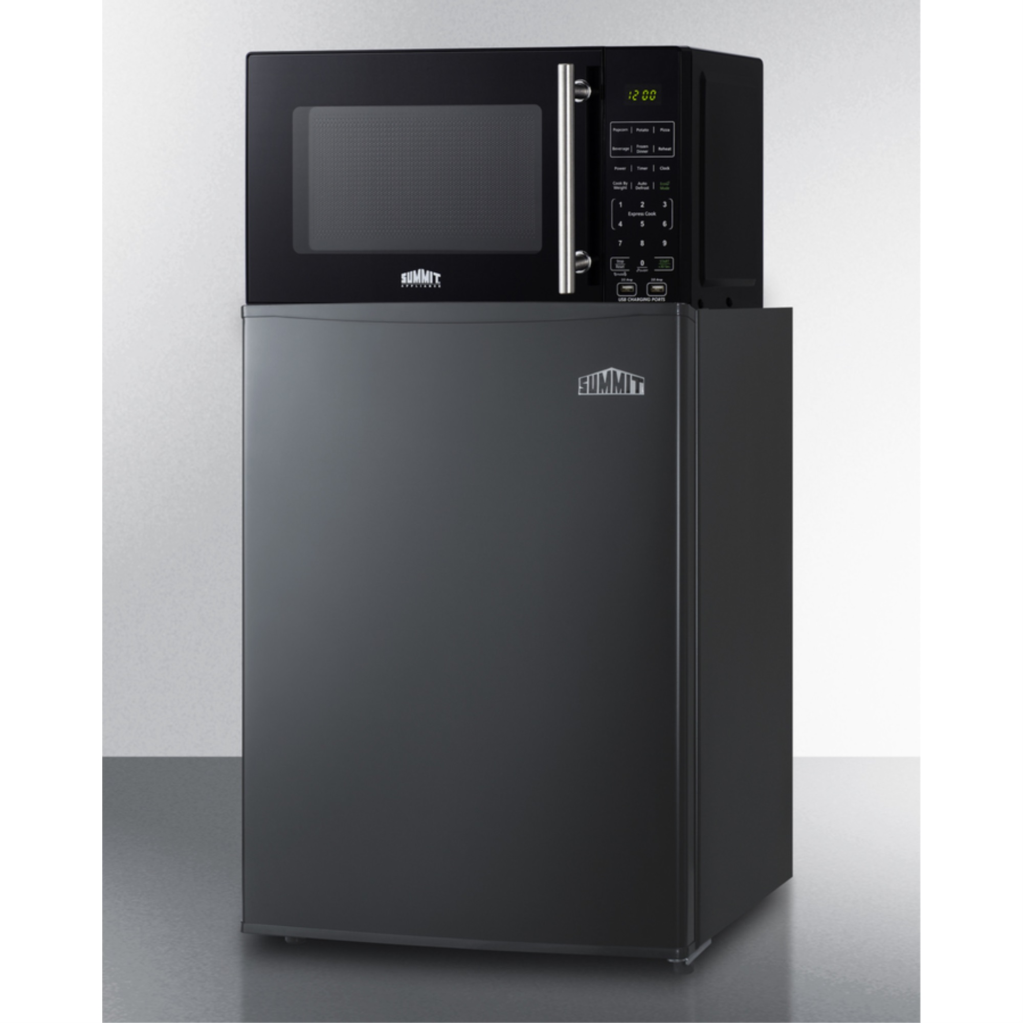 Summit Compact all-refrigerator in black and microwave with built-in allocator, with brackets included (ships in 3 boxes on one palle