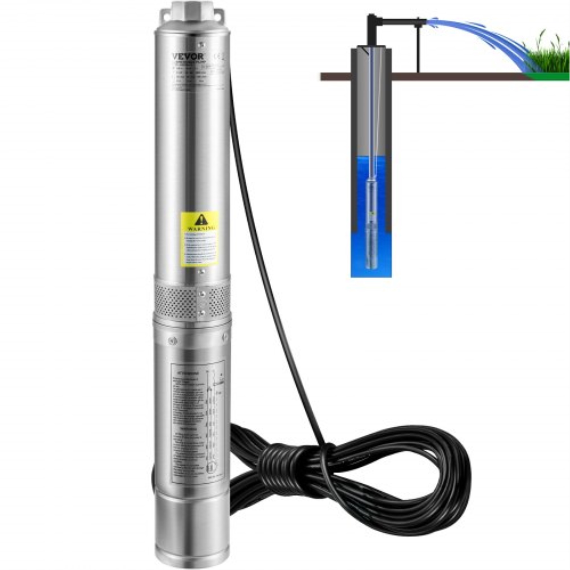 VEVOR Deep Well Submersible Pump, 0.5HP 230V/60Hz, 28gpm 167ft Head