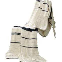 Benjara Kai 50 x 70 Throw Blanket with Fringes, Soft Knitted Cotton, Ivory, Black